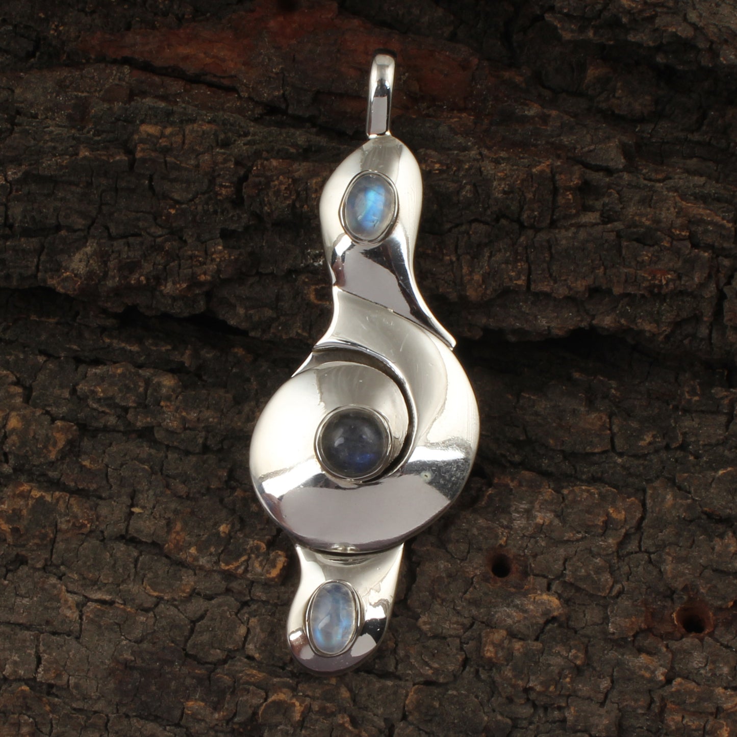 Rainbow Moonstone Contemporary Style Pendant Handmade Fluid Designer 925 Sterling Silver Gemstone Pendant