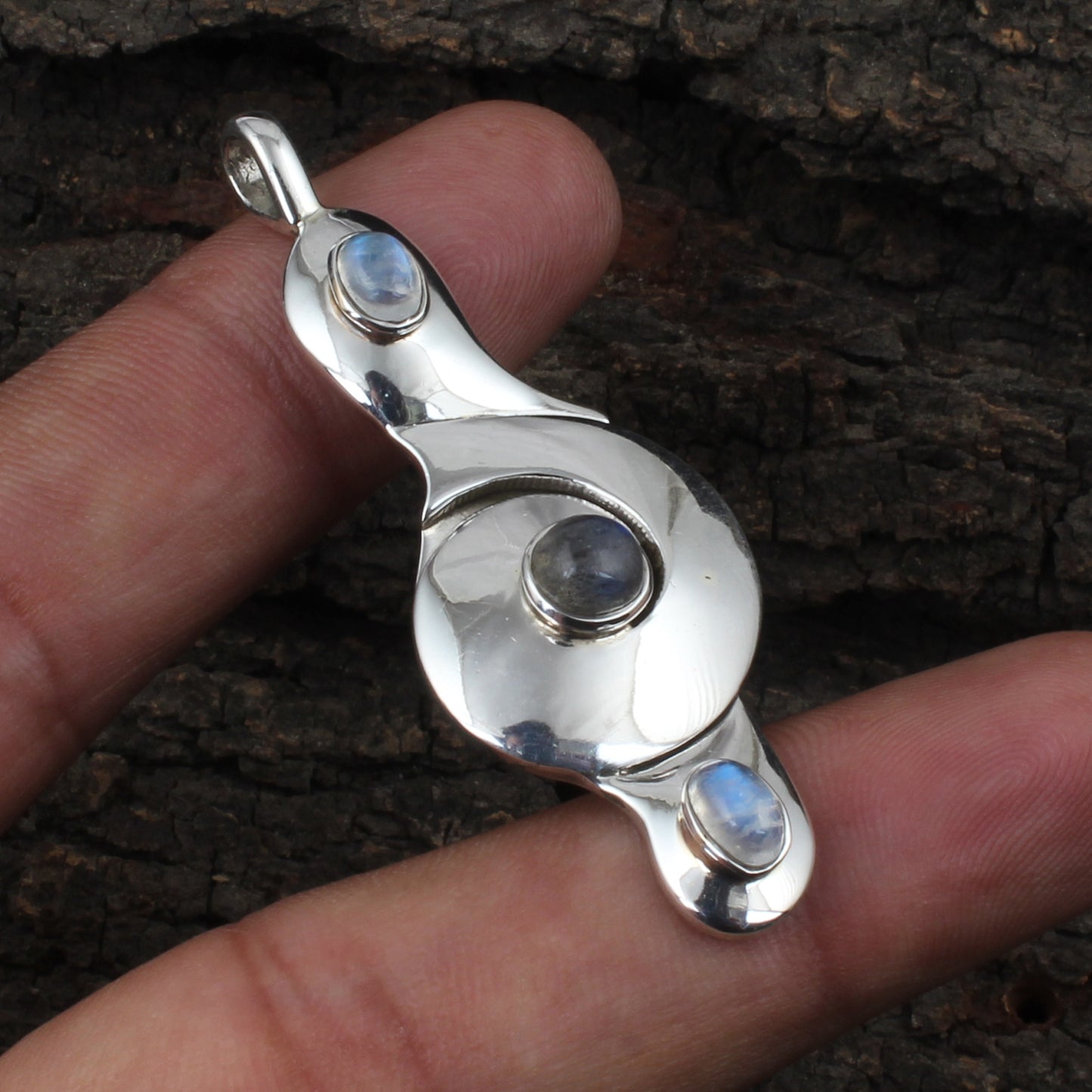 Rainbow Moonstone Contemporary Style Pendant Handmade Fluid Designer 925 Sterling Silver Gemstone Pendant