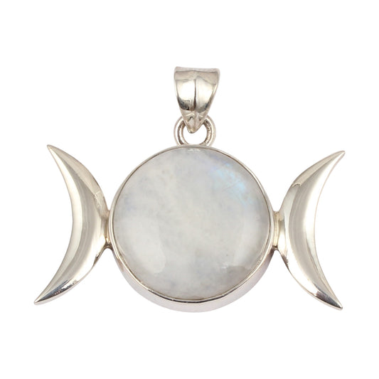 Triple Moon Pendant Natural Rainbow Moonstone 925 Sterling Silver Handmade Round Shape Gemstone Pendant
