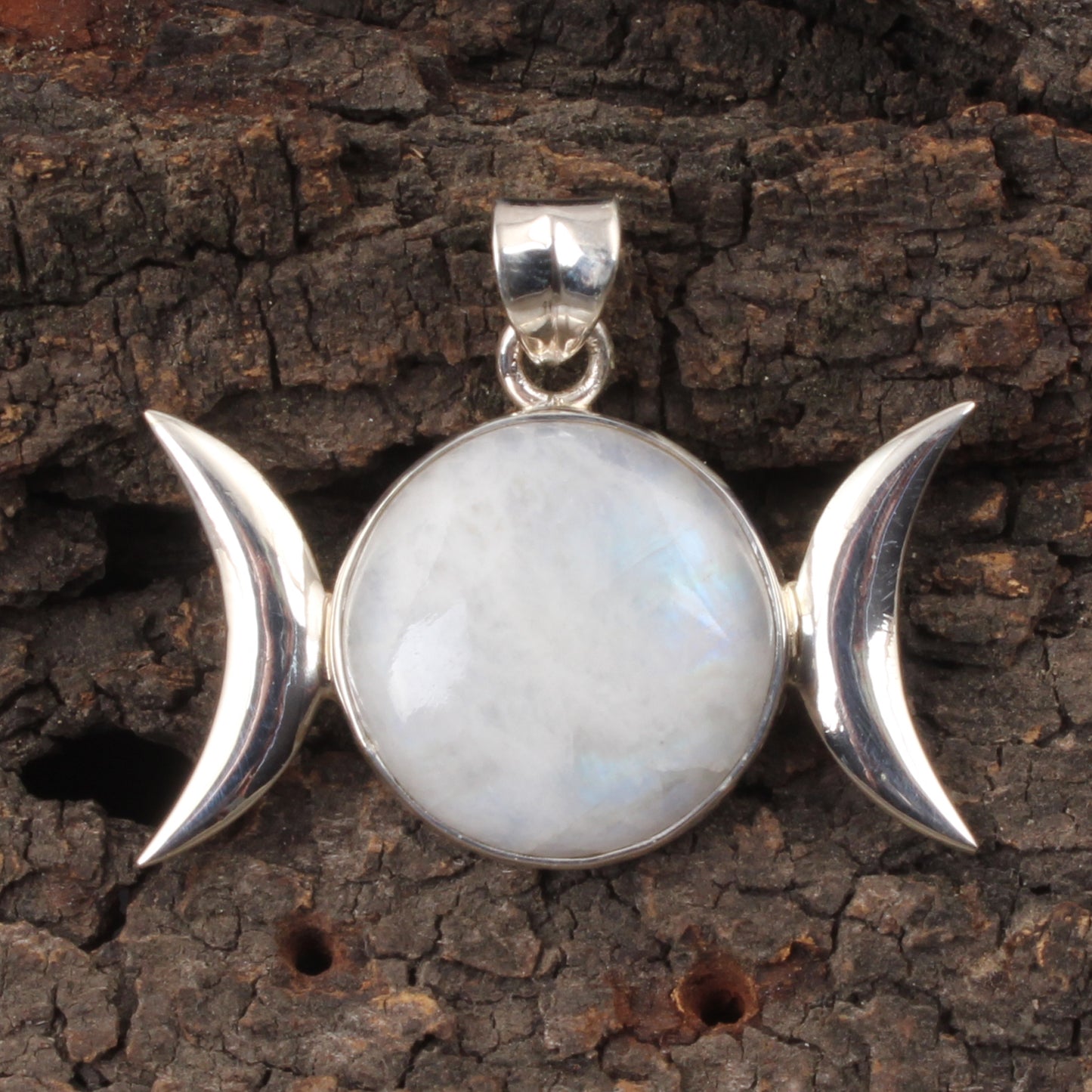 Triple Moon Pendant Natural Rainbow Moonstone 925 Sterling Silver Handmade Round Shape Gemstone Pendant