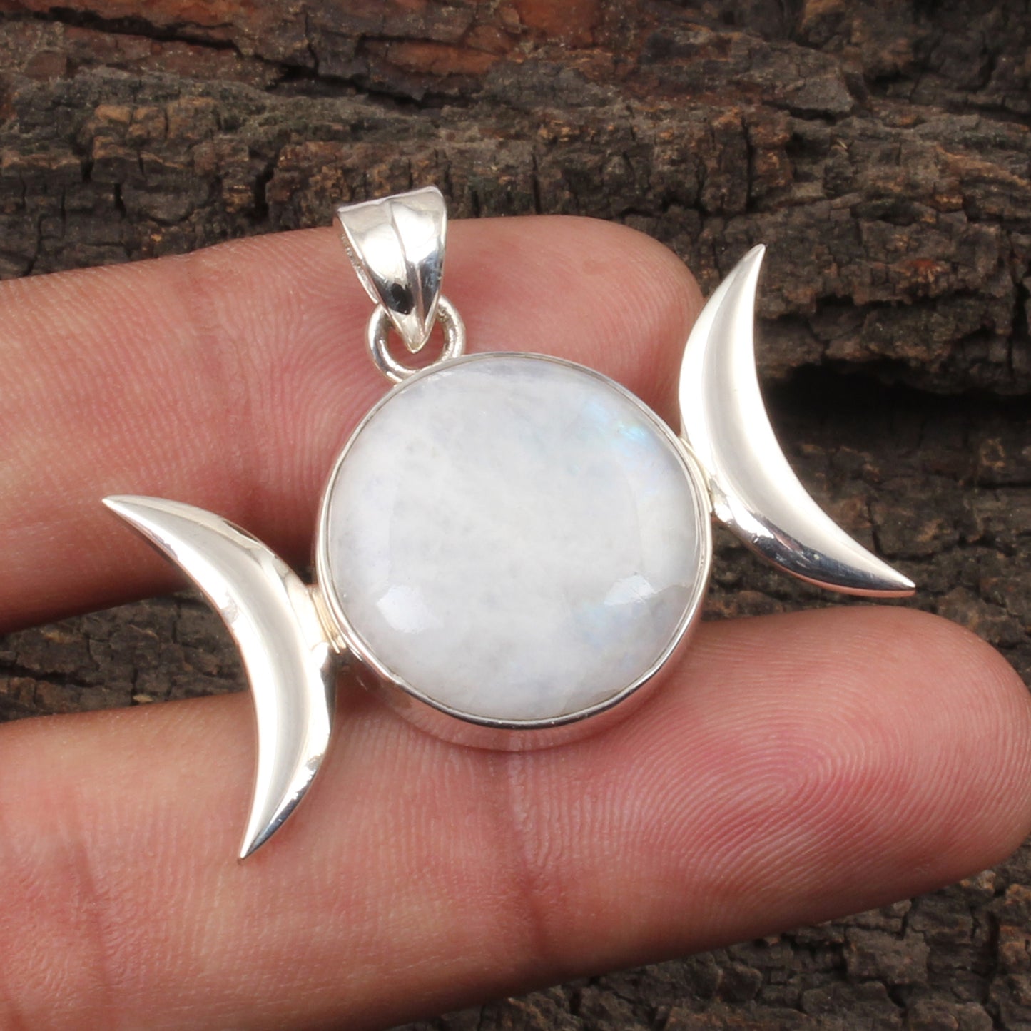 Triple Moon Pendant Natural Rainbow Moonstone 925 Sterling Silver Handmade Round Shape Gemstone Pendant