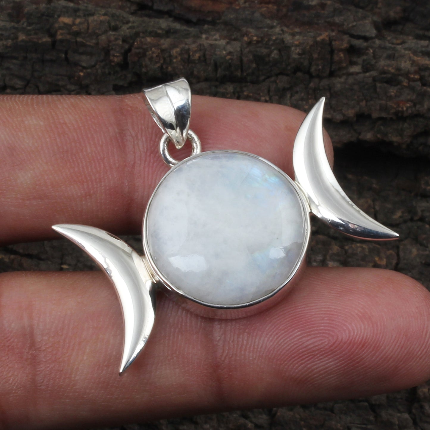 Triple Moon Pendant Natural Rainbow Moonstone 925 Sterling Silver Handmade Round Shape Gemstone Pendant