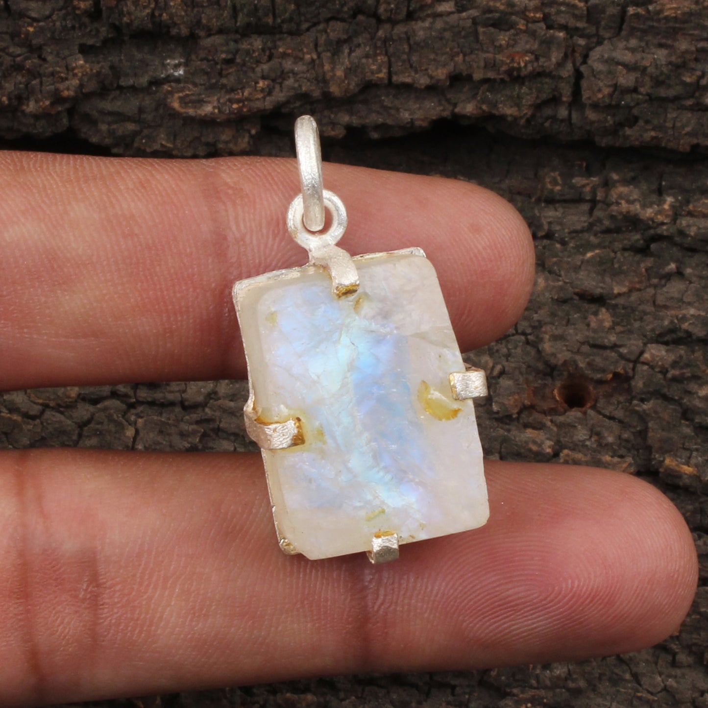 Rough Rainbow Moonstone Pendant Handmade 925 Sterling Silver Prong Setting Natural Gemstone Pendant
