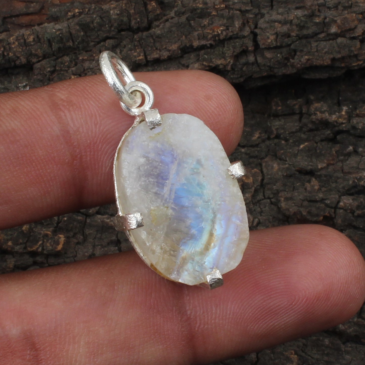 Rough Rainbow Moonstone Pendant Handmade 925 Sterling Silver Prong Setting Raw Gemstone Pendant