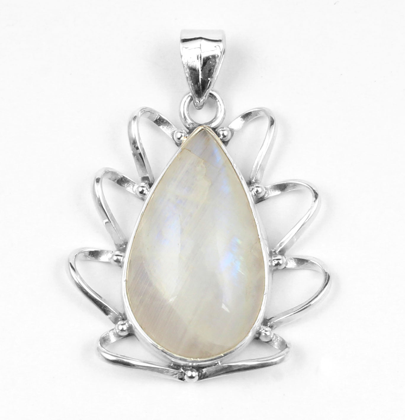 Lotus Rainbow Moonstone Pendant 925 Sterling Silver Handmade Designer Natural Gemstone Silver Pendant