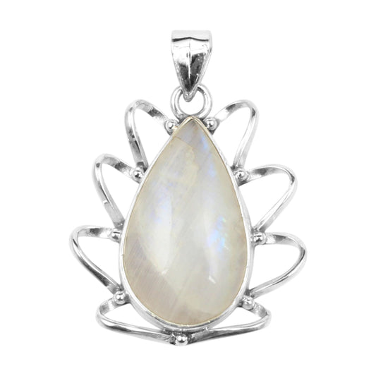 Lotus Rainbow Moonstone Pendant 925 Sterling Silver Handmade Designer Natural Gemstone Silver Pendant