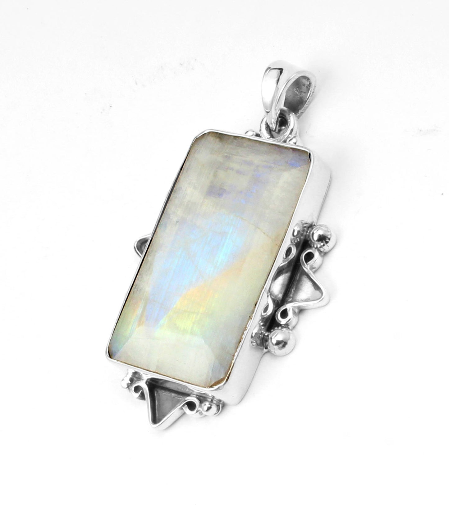 Natural Rainbow Moonstone Pendant 925 Sterling Silver Handmade Gemstone Statement Pendant