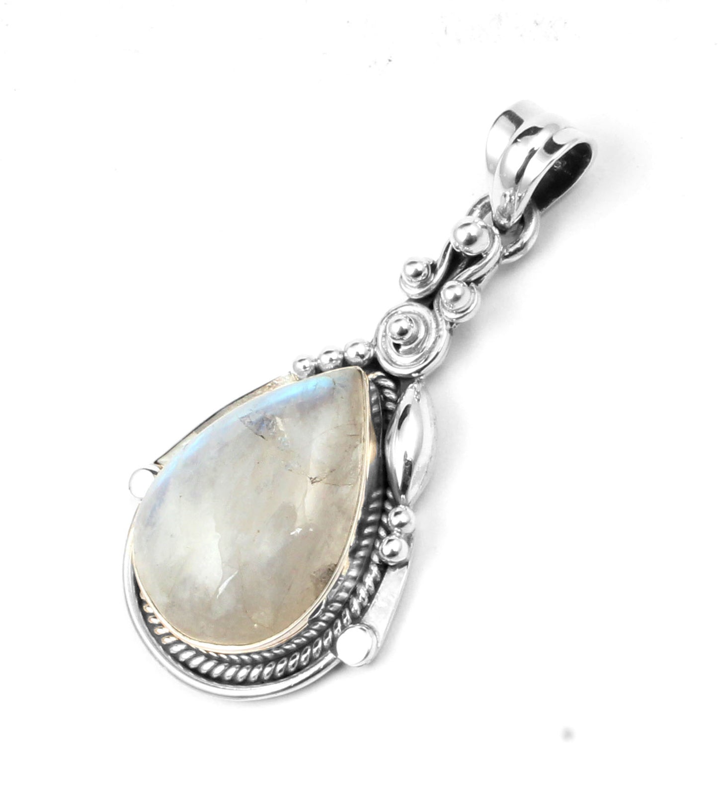 Bohemian Twisted Wire Design Rainbow Moonstone Pendant 925 Sterling Silver Handmade Natural Gemstone Pendant