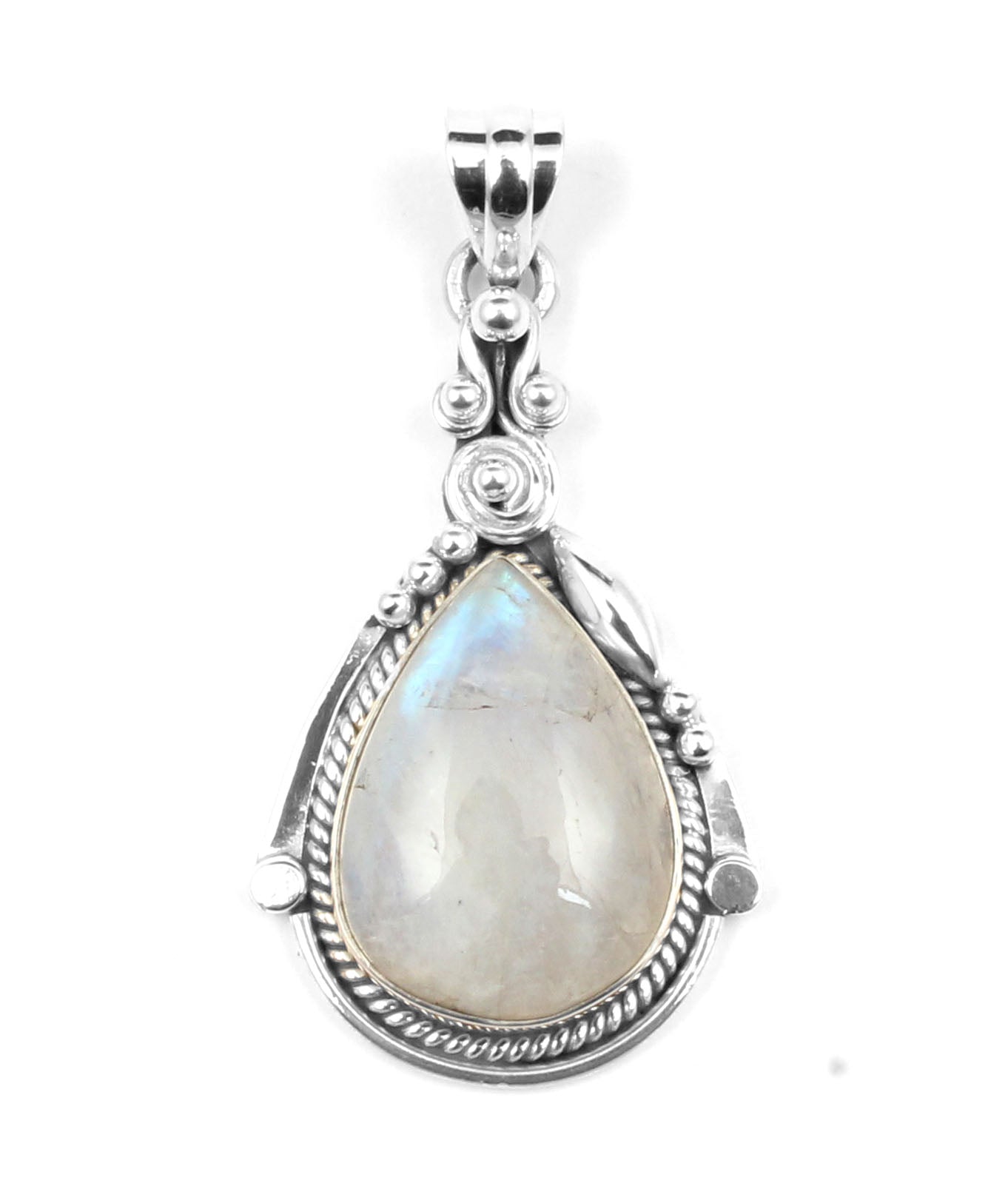 Bohemian Twisted Wire Design Rainbow Moonstone Pendant 925 Sterling Silver Handmade Natural Gemstone Pendant