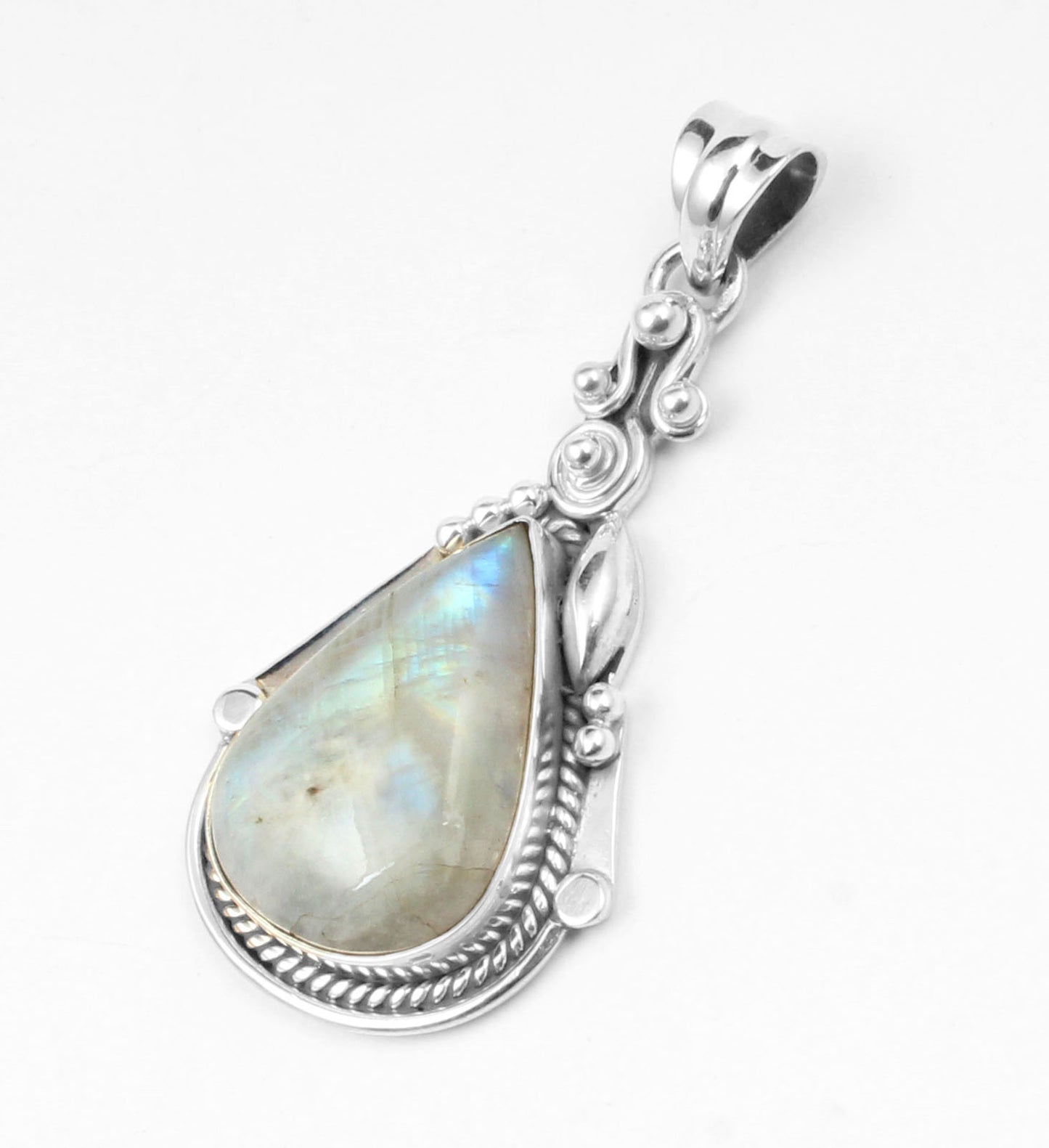 Boho Twisted Wire Design Rainbow Moonstone Pendant 925 Sterling Silver Handmade Natural Gemstone Pendant