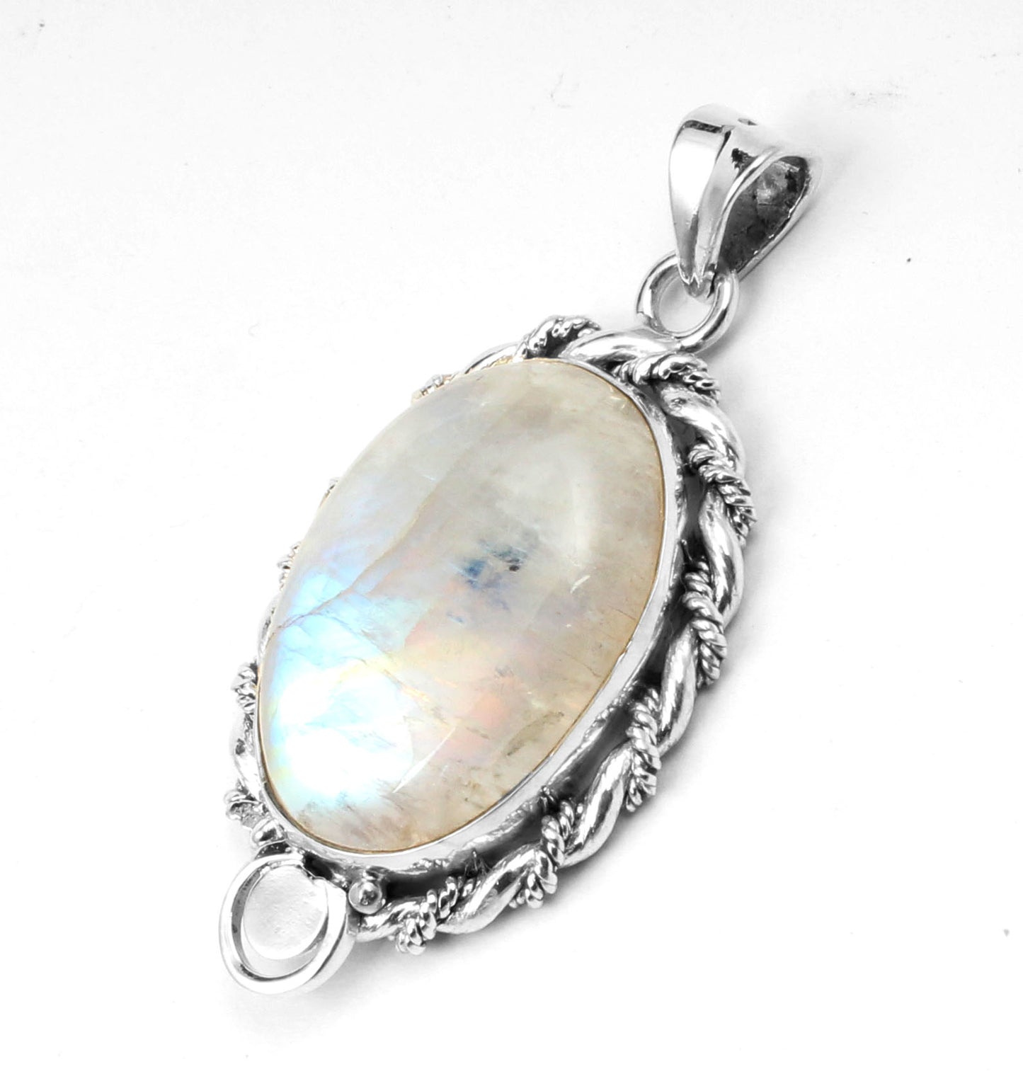 Twisted Wire Design Oval Rainbow Moonstone Pendant 925 Sterling Silver Handmade Natural Gemstone Pendant