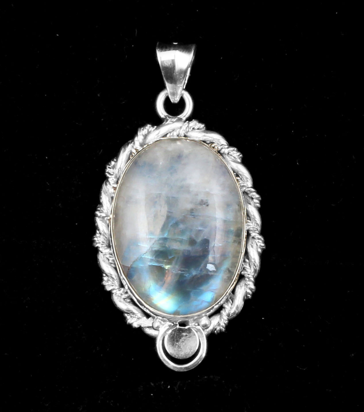 Twisted Wire Design Oval Rainbow Moonstone Pendant 925 Sterling Silver Handmade Natural Gemstone Pendant