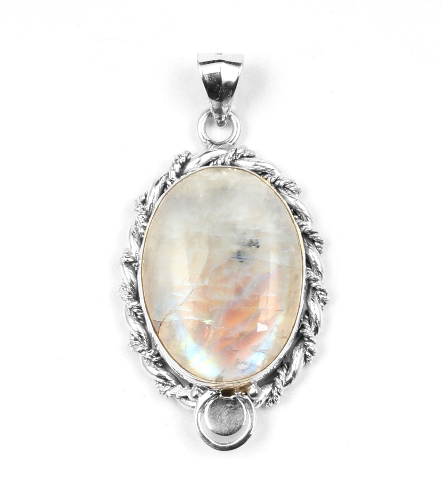 Twisted Wire Design Oval Rainbow Moonstone Pendant 925 Sterling Silver Handmade Natural Gemstone Pendant