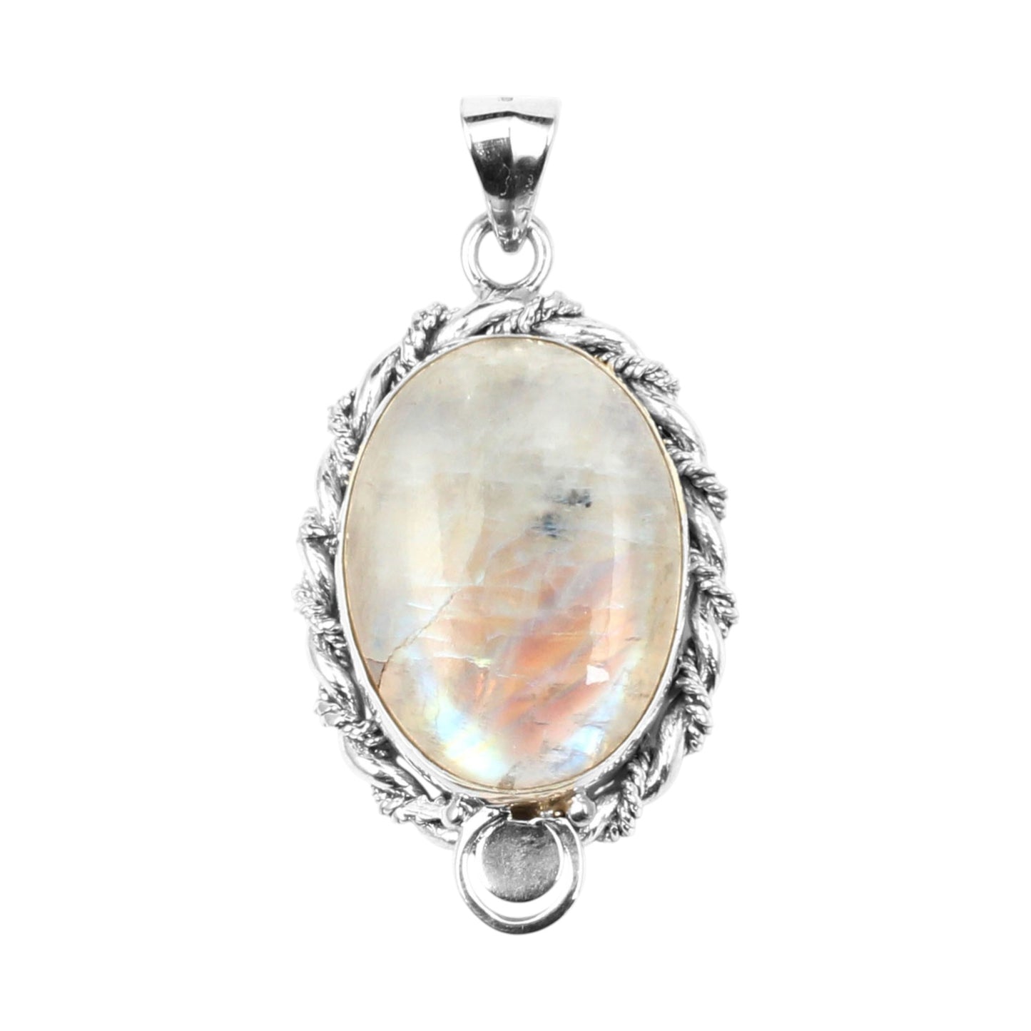 Twisted Wire Design Oval Rainbow Moonstone Pendant 925 Sterling Silver Handmade Natural Gemstone Pendant