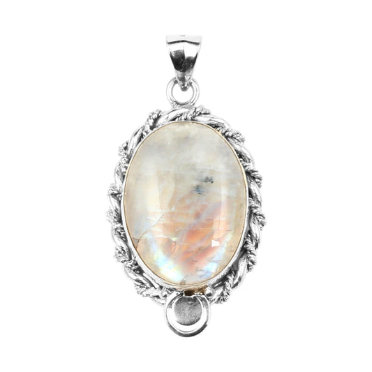 Twisted Wire Design Oval Rainbow Moonstone Pendant 925 Sterling Silver Handmade Natural Gemstone Pendant