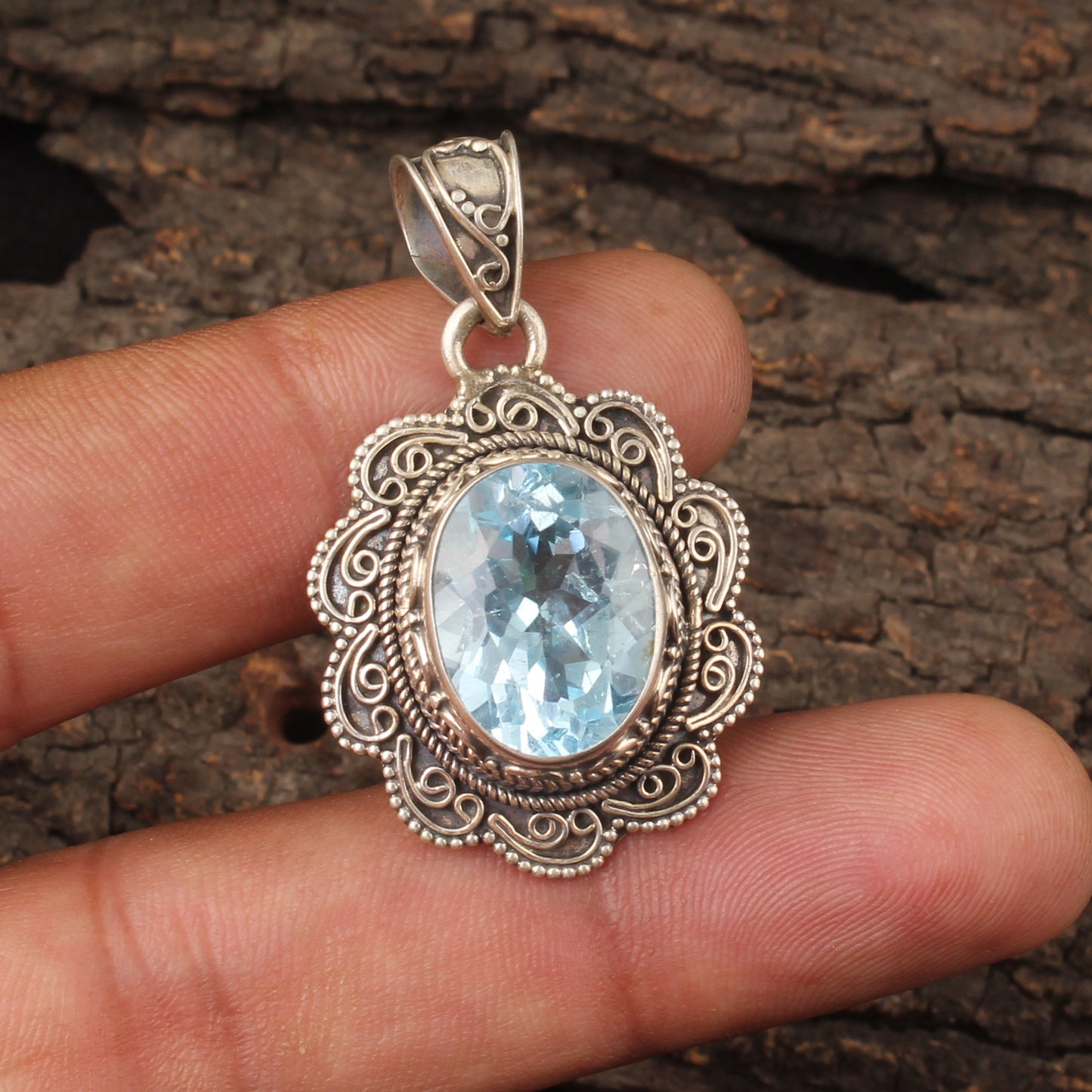 Natural Blue Topaz Pendant Healing Gemstone Handmade 925 Sterling Silver Pendant Gift For Her December Birthstone