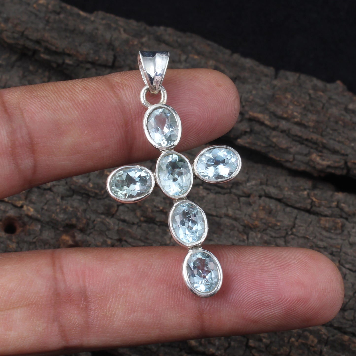 Blue Topaz Cross Pendant Healing Gemstone Handmade 925 Sterling Silver Pendant Gift For Her December Birthstone Christmas Jewelry