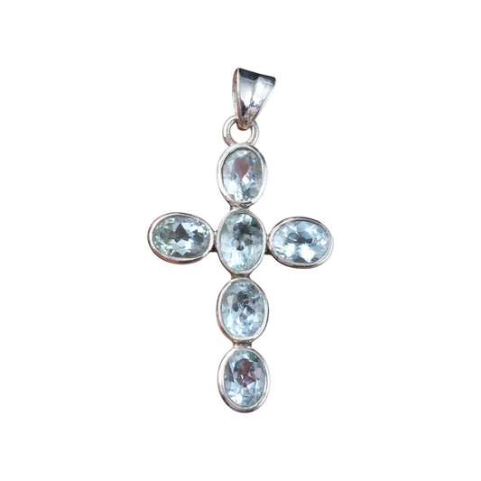 Blue Topaz Cross Pendant Healing Gemstone Handmade 925 Sterling Silver Pendant Gift For Her December Birthstone Christmas Jewelry