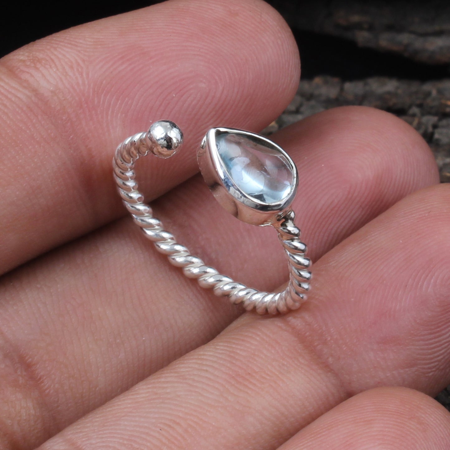 Adjustable Blue Topaz Ring Handmade Twisted Rope Wire Designer 925 Sterling Silver Open Ring