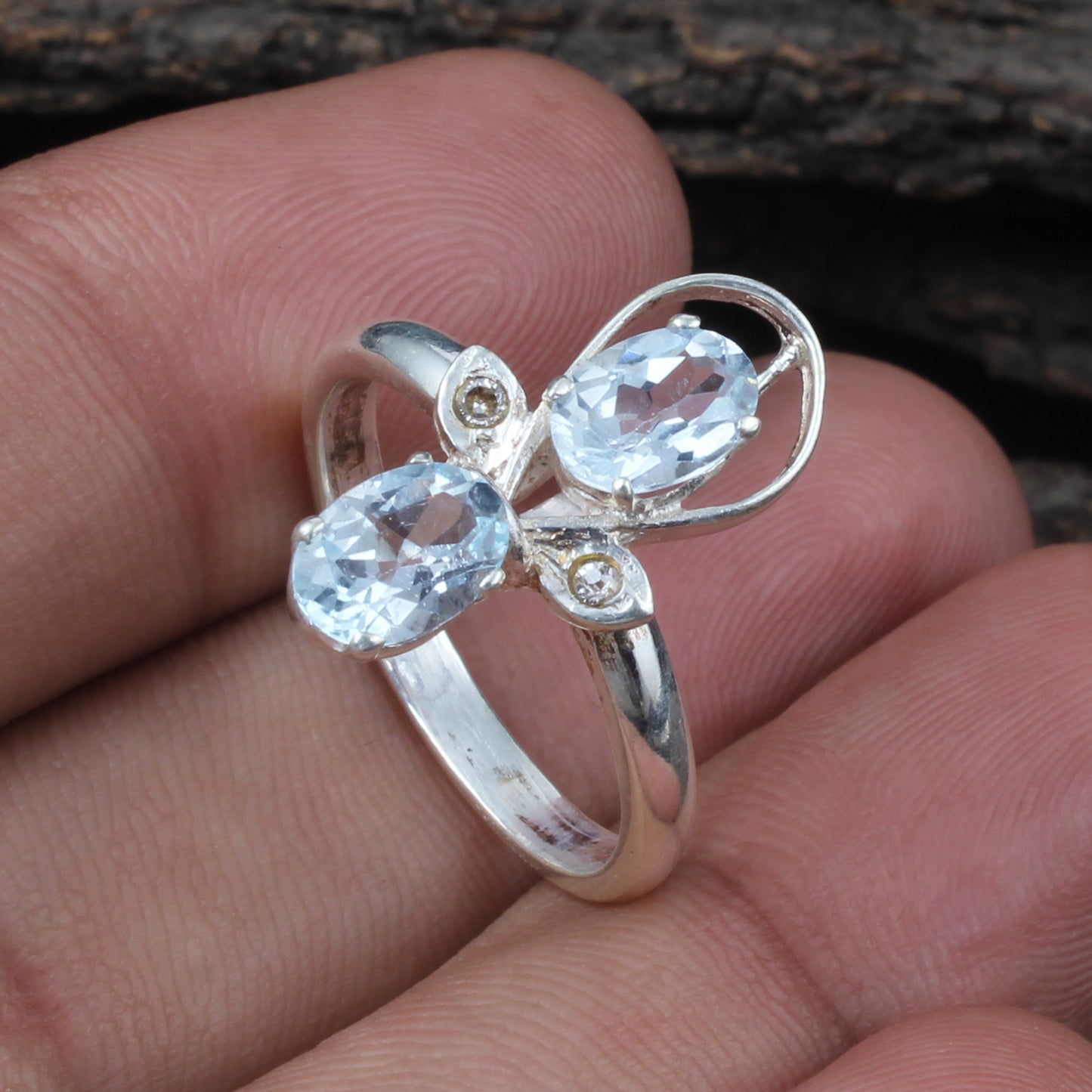 Blue Topaz Ring with CZ Handmade Designer Prong Setting 925 Sterling Silver December Birthstone Ring