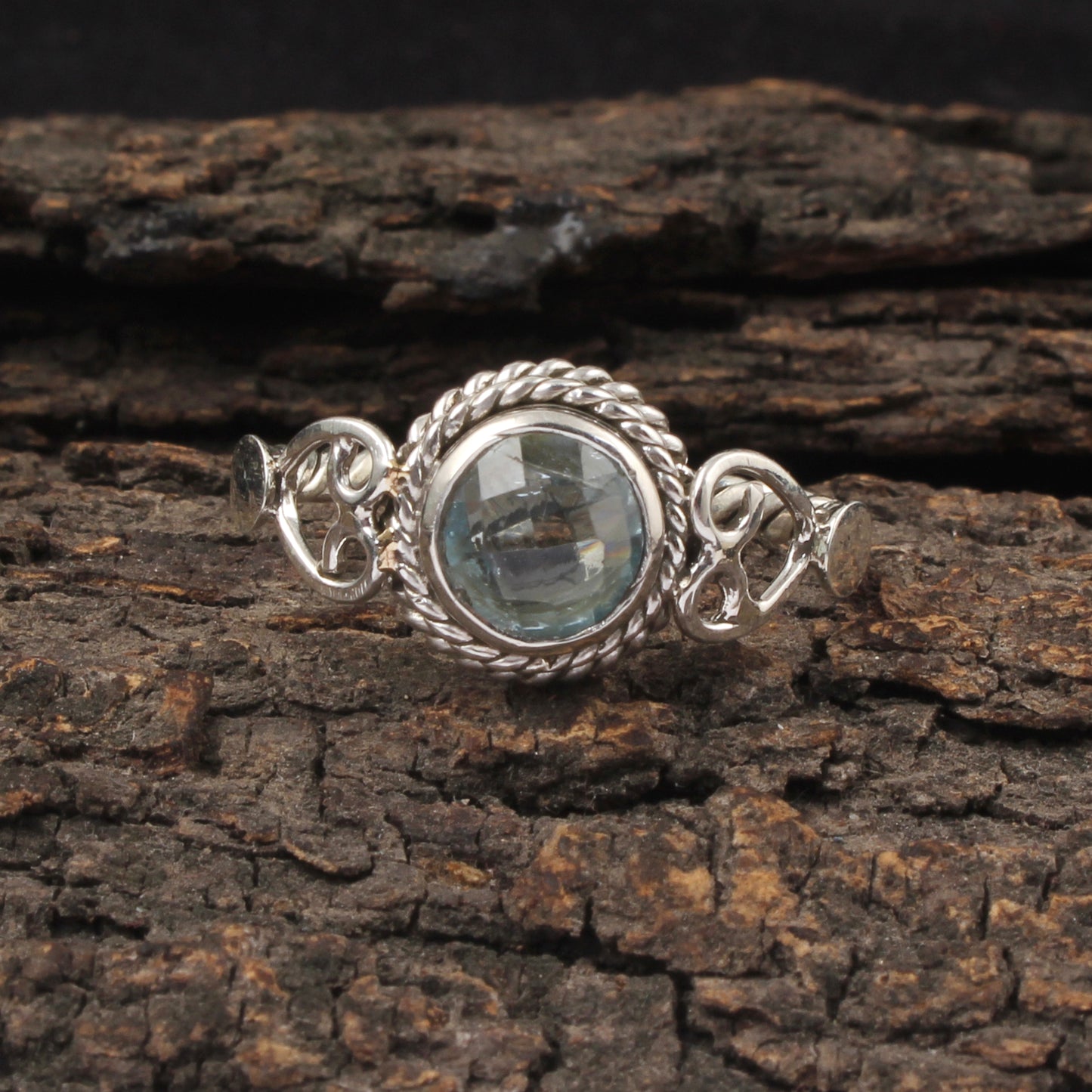 Round Checker Cut Blue Topaz Bohemian Ring Designer Twisted Rope Band 925 Sterling Silver Ring