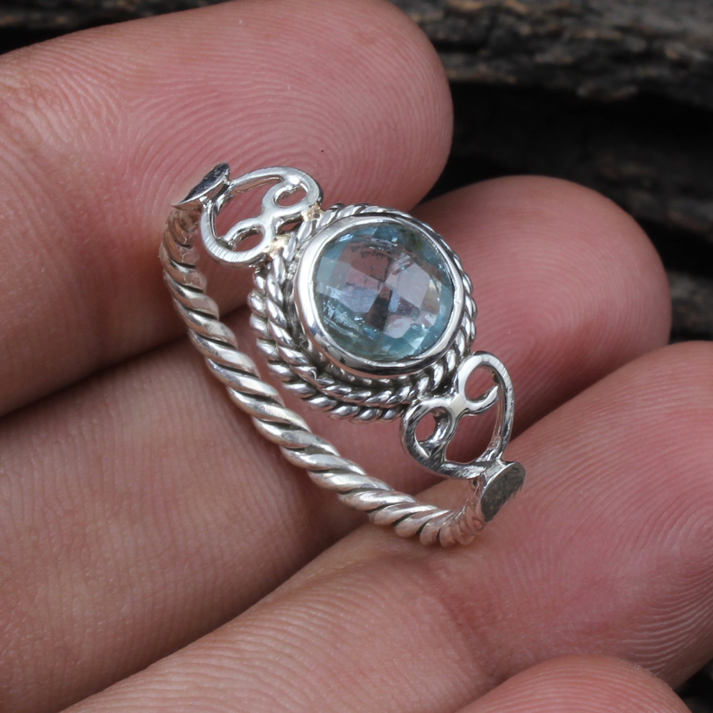 Round Checker Cut Blue Topaz Bohemian Ring Designer Twisted Rope Band 925 Sterling Silver Ring