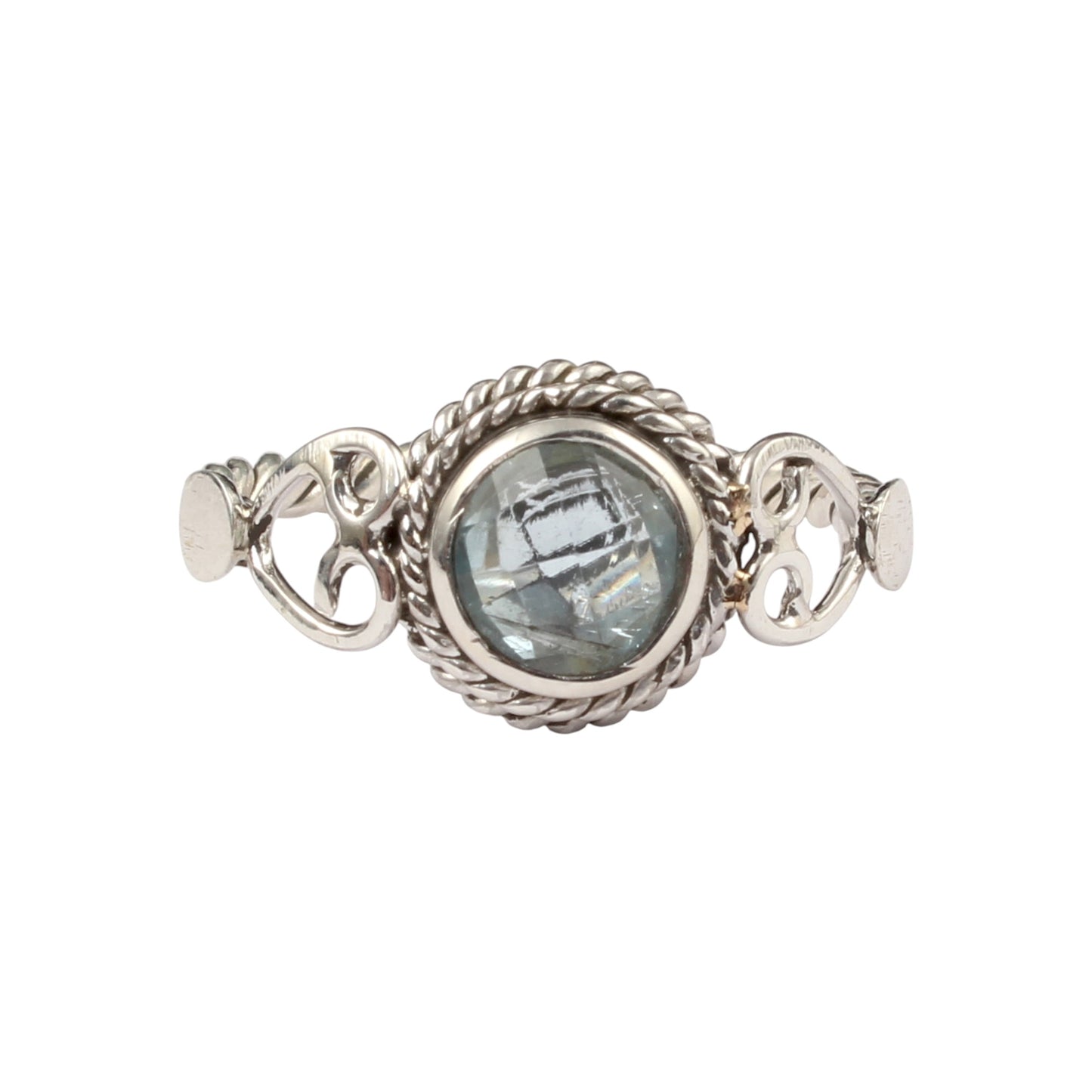 Round Checker Cut Blue Topaz Bohemian Ring Designer Twisted Rope Band 925 Sterling Silver Ring