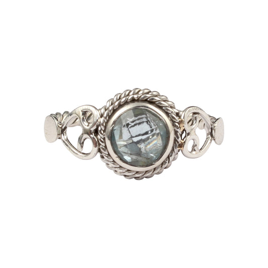 Round Checker Cut Blue Topaz Bohemian Ring Designer Twisted Rope Band 925 Sterling Silver Ring