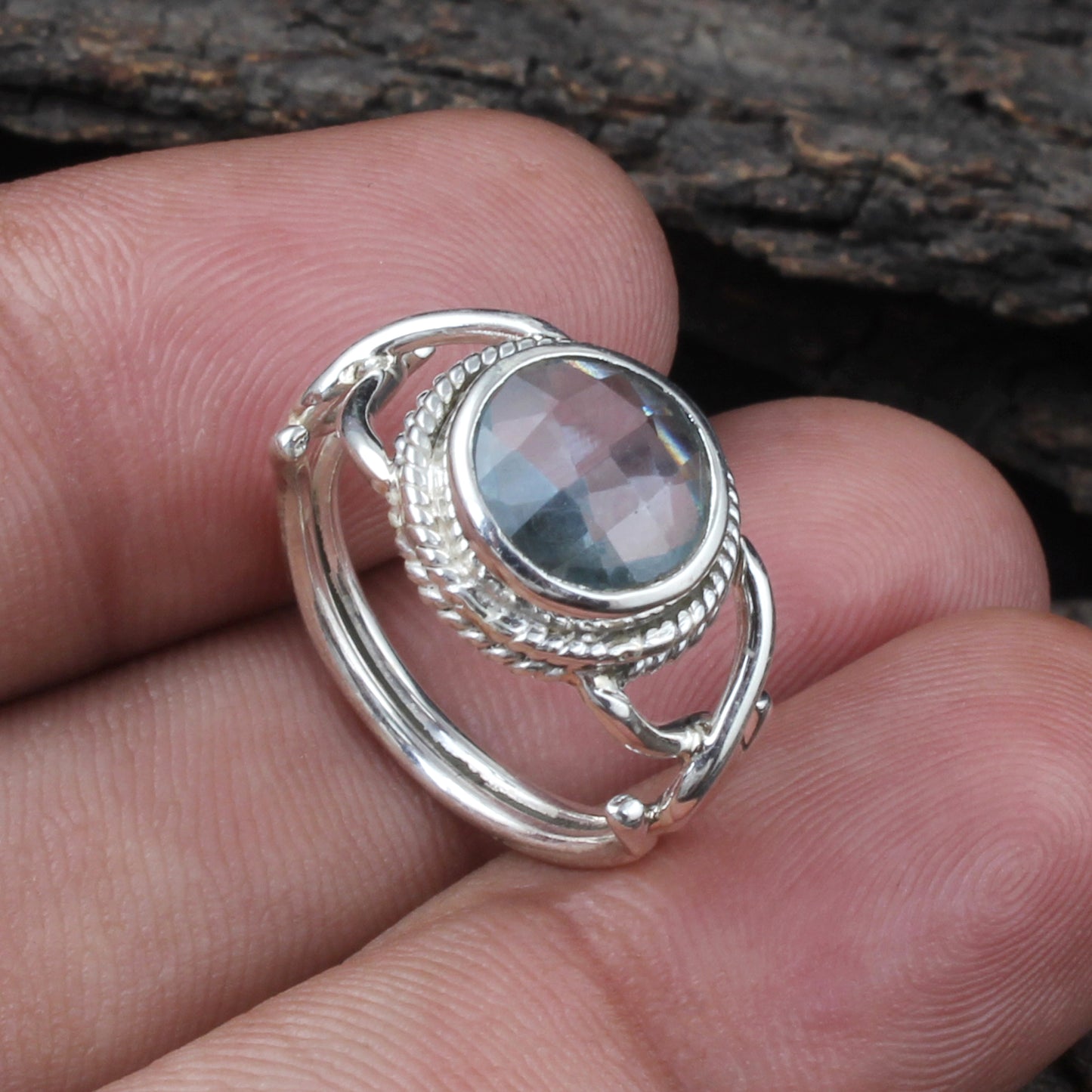 Checker Cut Blue Topaz Ring Handmade Designer Statement Jewelry December Birthstone Ring For Christmas Gift