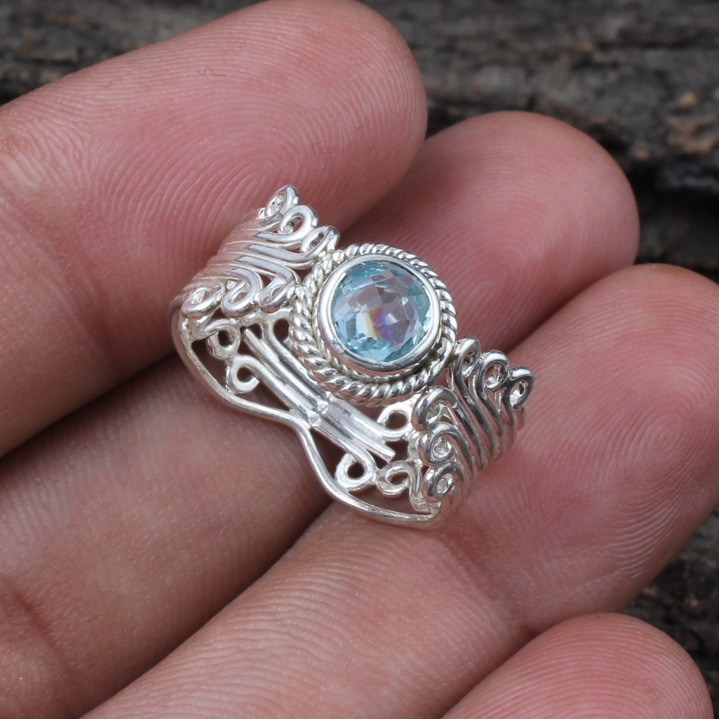 Unique Blue Topaz Ring Handmade Designer 925 Sterling Silver Vintage Artisan-Style Ring