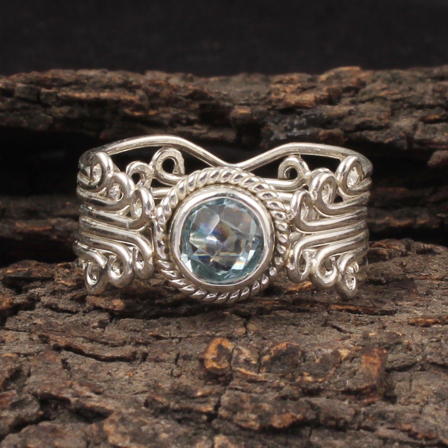 Unique Blue Topaz Ring Handmade Designer 925 Sterling Silver Vintage Artisan-Style Ring