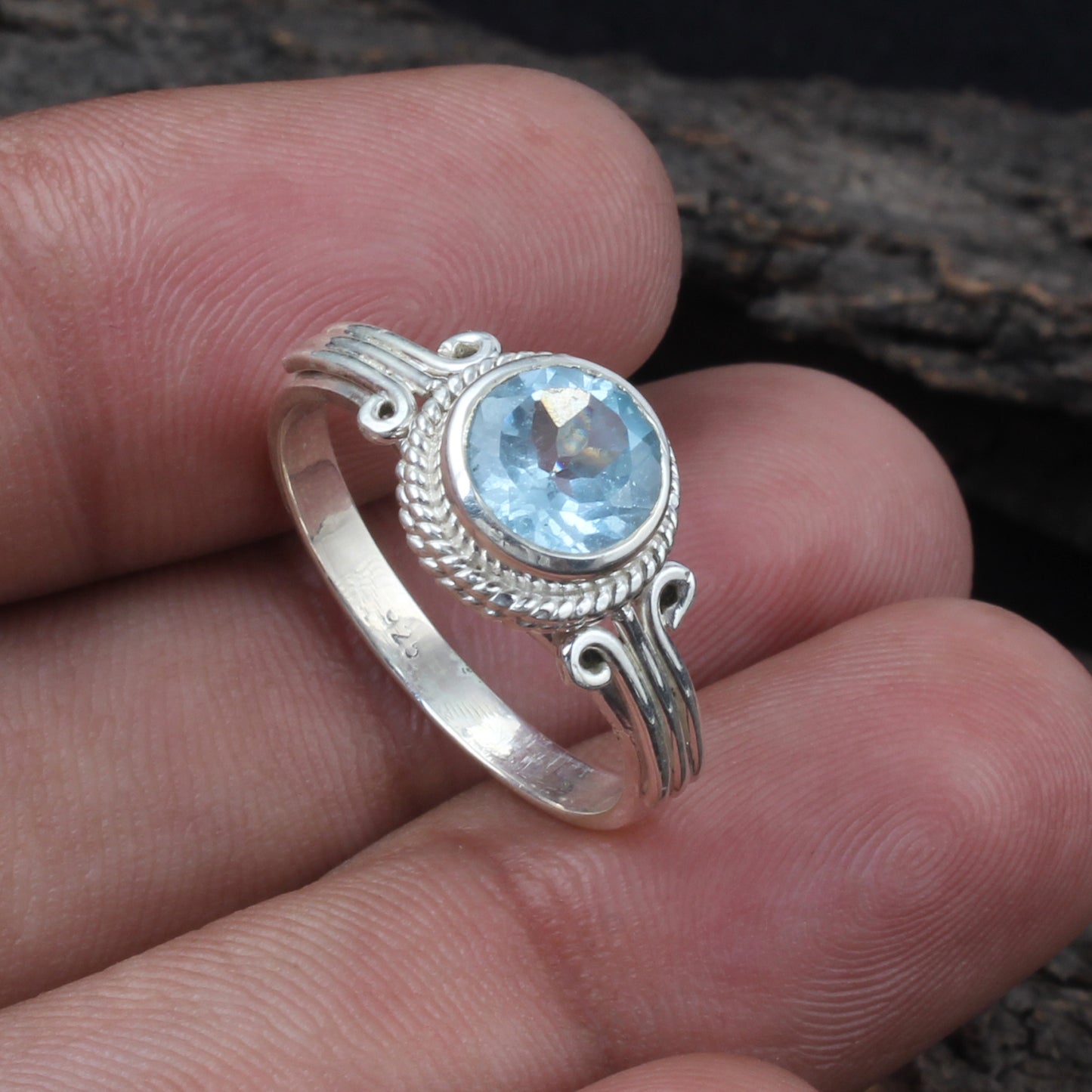 Round Checker Cut Blue Topaz Bohemian Ring Designer Twisted Wire Handmade 925 Sterling Silver Ring