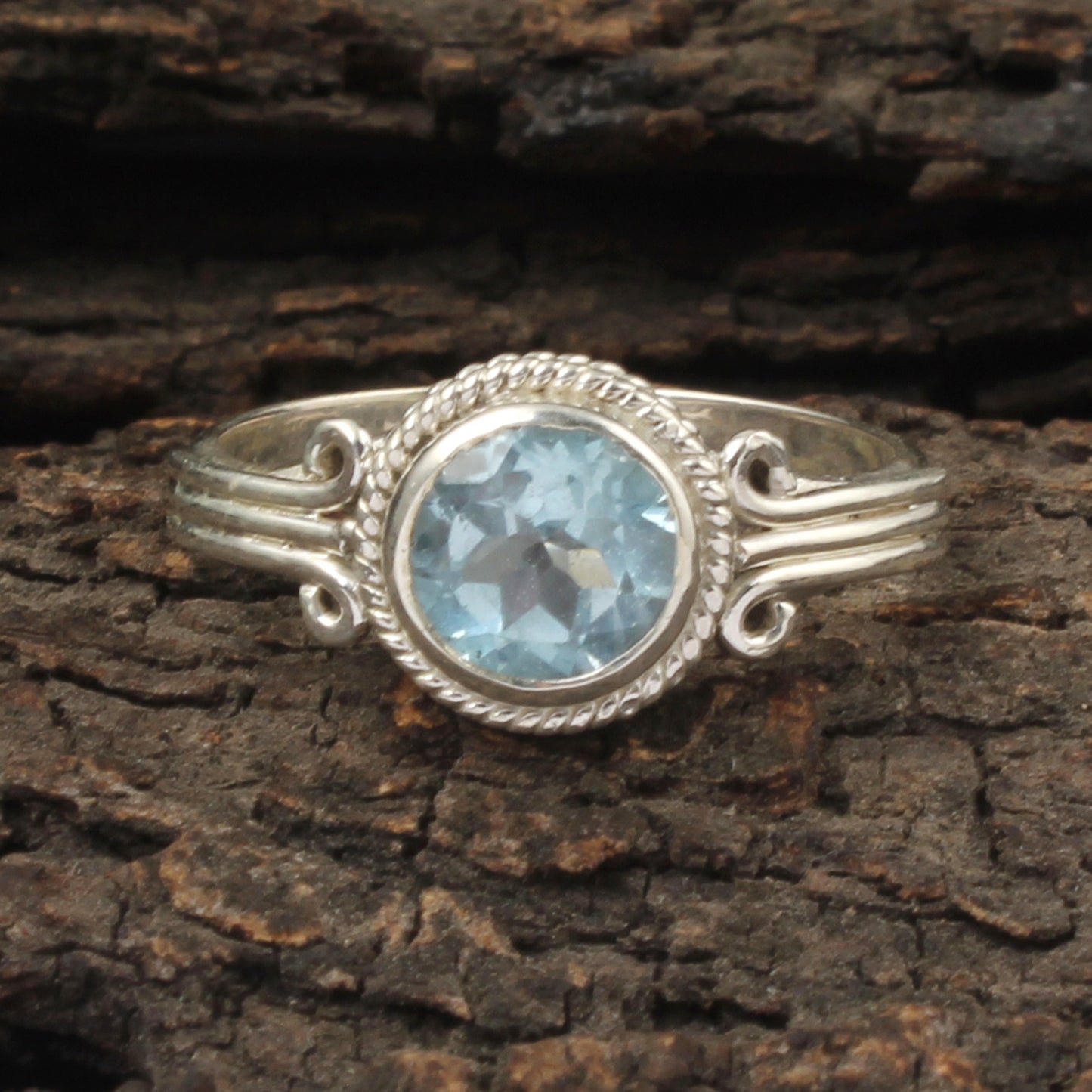 Round Checker Cut Blue Topaz Bohemian Ring Designer Twisted Wire Handmade 925 Sterling Silver Ring