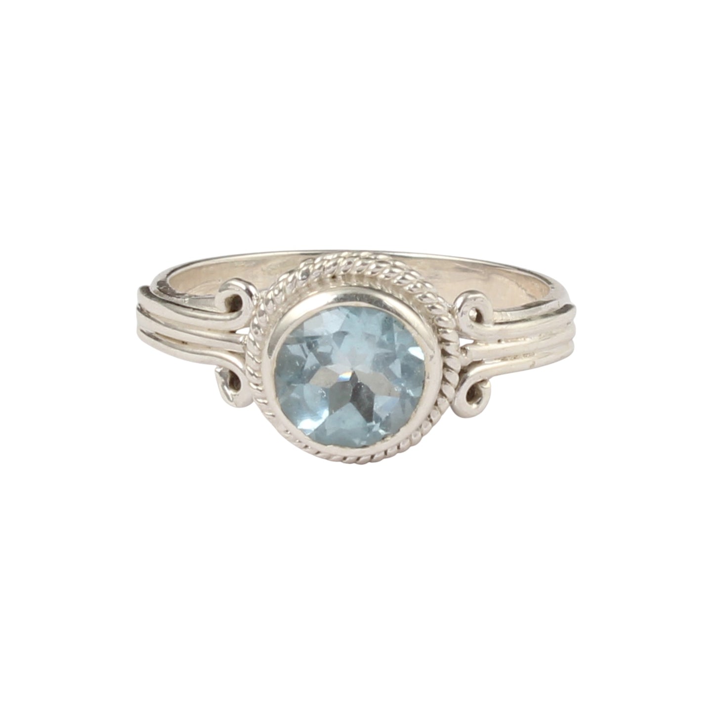Round Checker Cut Blue Topaz Bohemian Ring Designer Twisted Wire Handmade 925 Sterling Silver Ring