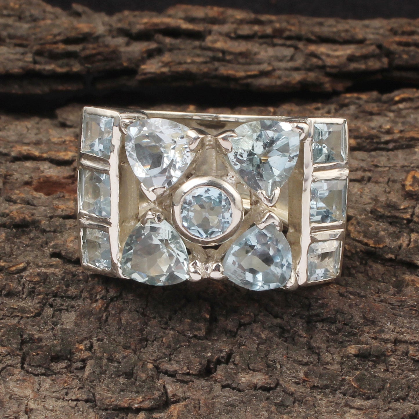 Blue Topaz Cluster Ring Handmade Heavy 925 Sterling Silver Cocktail Rings December Birthstone Jewelry