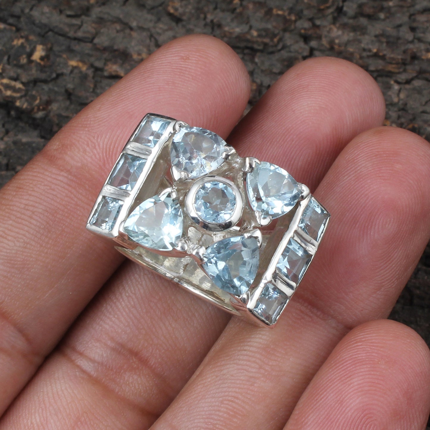 Blue Topaz Cluster Ring Handmade Heavy 925 Sterling Silver Cocktail Rings December Birthstone Jewelry