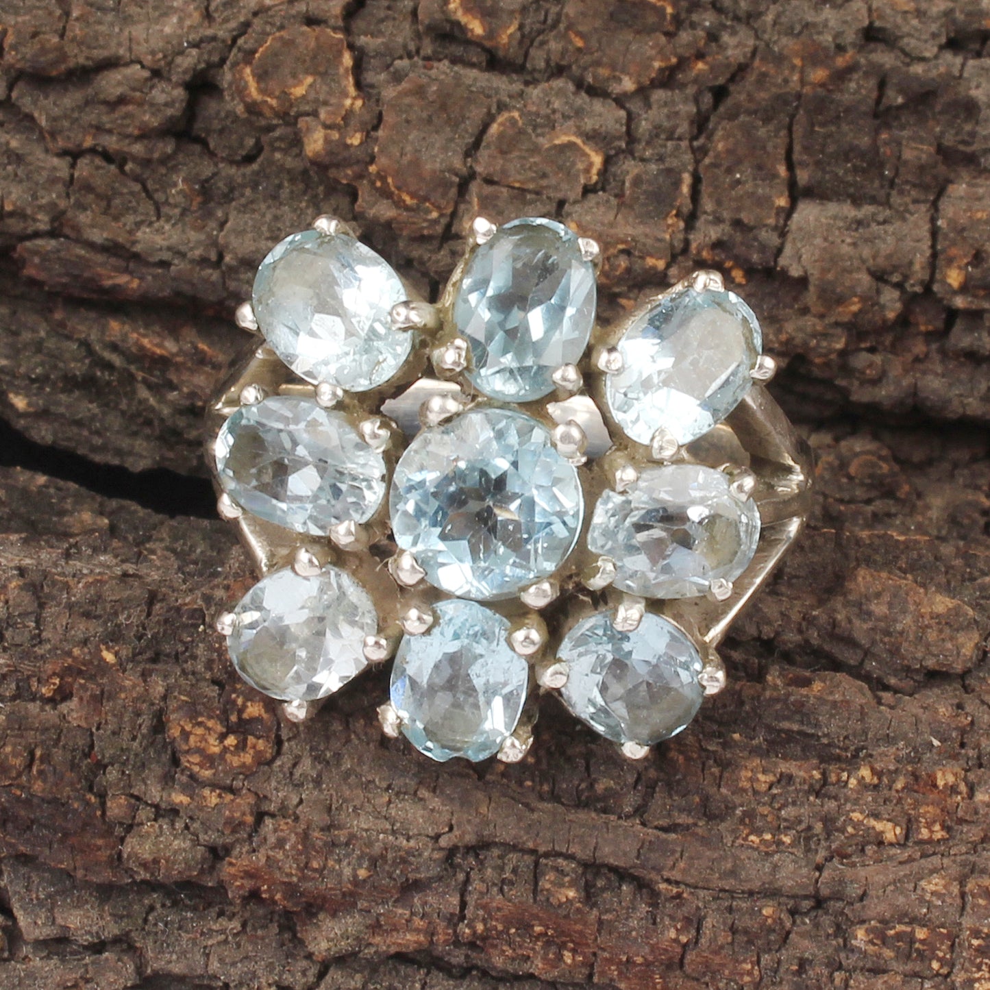 Multi Blue Topaz Blossom Cluster Ring Handmade Prong Setting 925 Sterling Silver Decemeber Birthstone Ring
