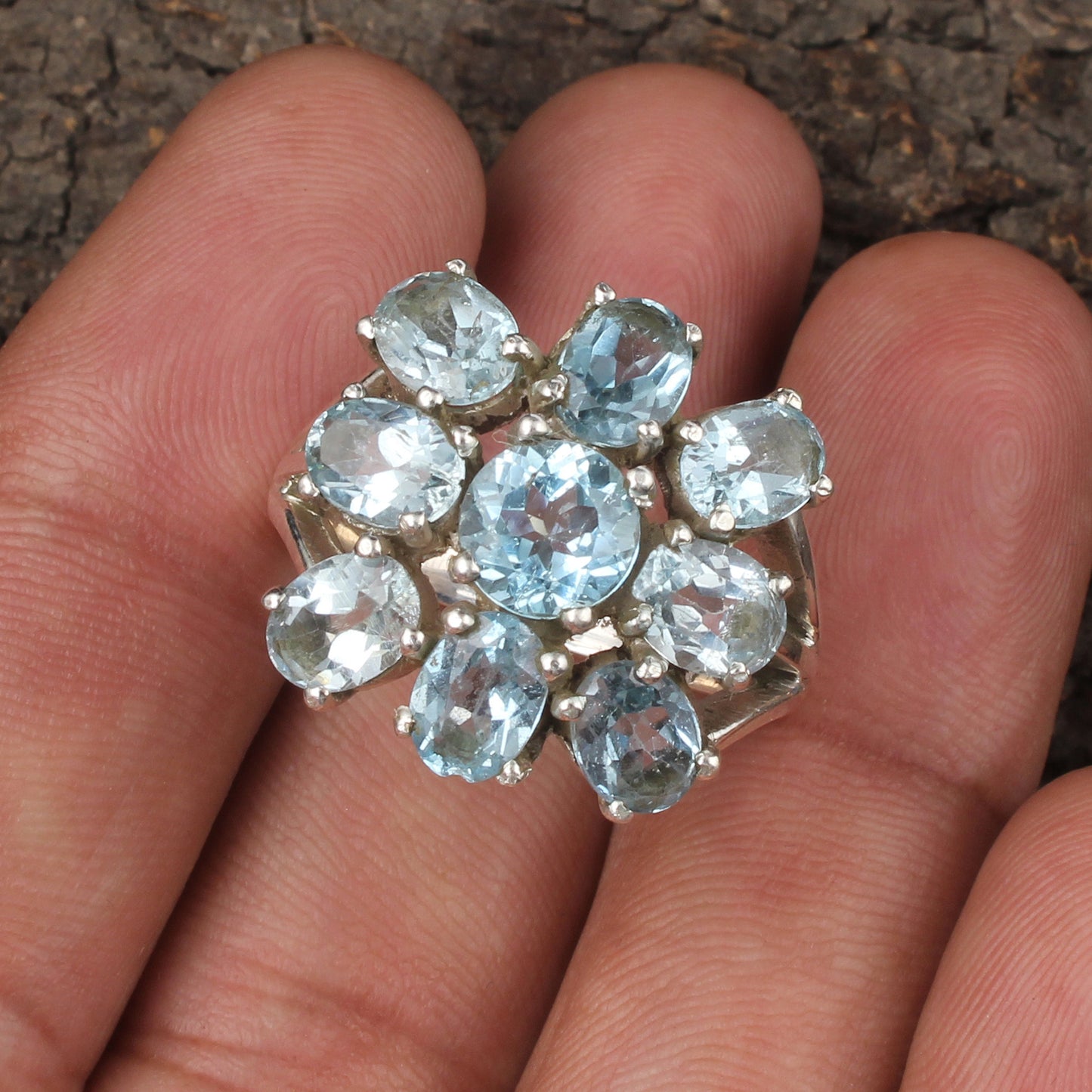 Multi Blue Topaz Blossom Cluster Ring Handmade Prong Setting 925 Sterling Silver Decemeber Birthstone Ring