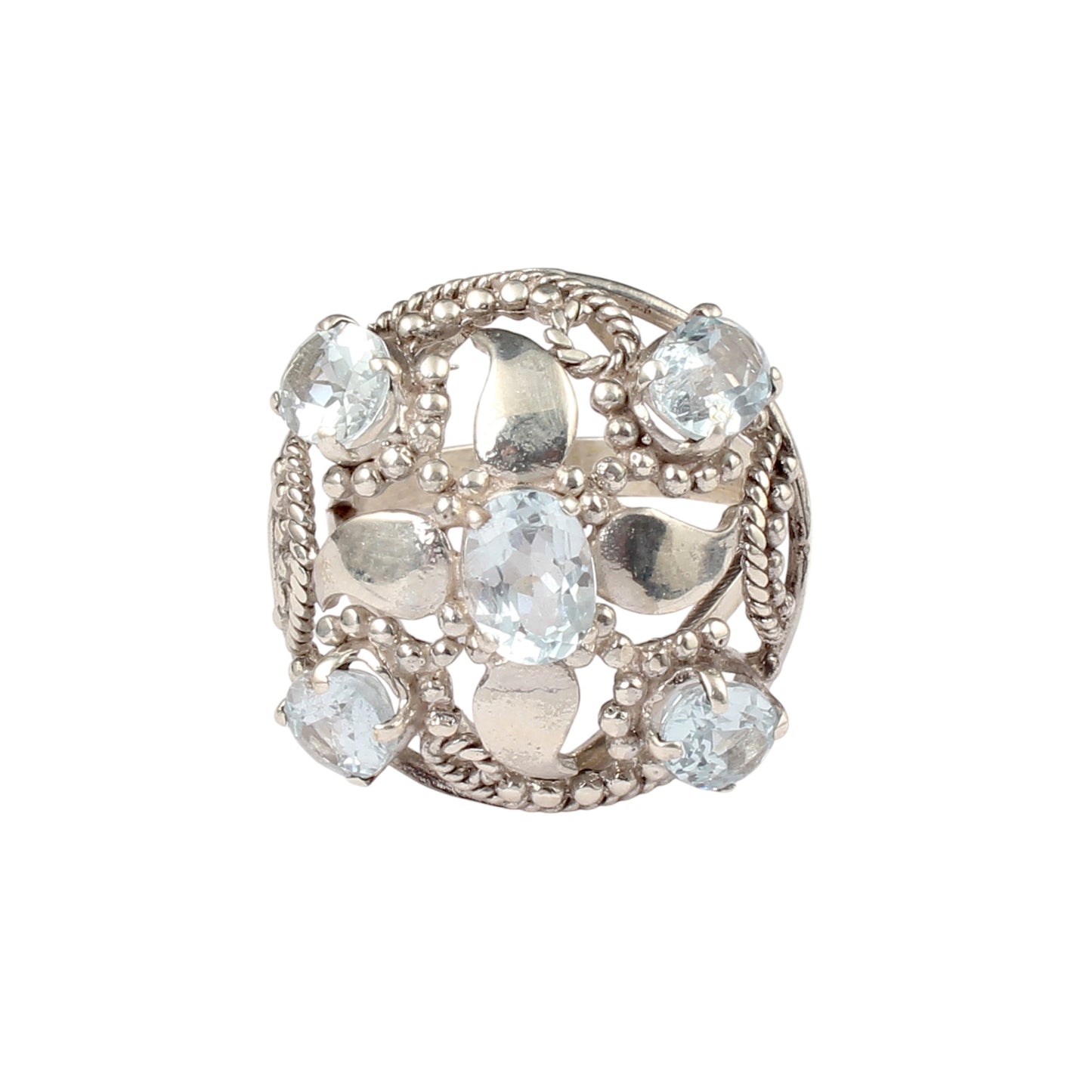 Vintage Floral Cluster Silver Ring with Blue Topaz Gemstones Handmade 925 Sterling Silver Jewelry