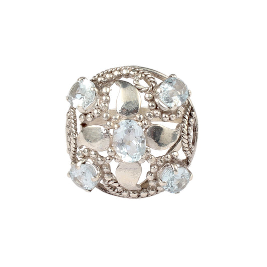 Vintage Floral Cluster Silver Ring with Blue Topaz Gemstones Handmade 925 Sterling Silver Jewelry