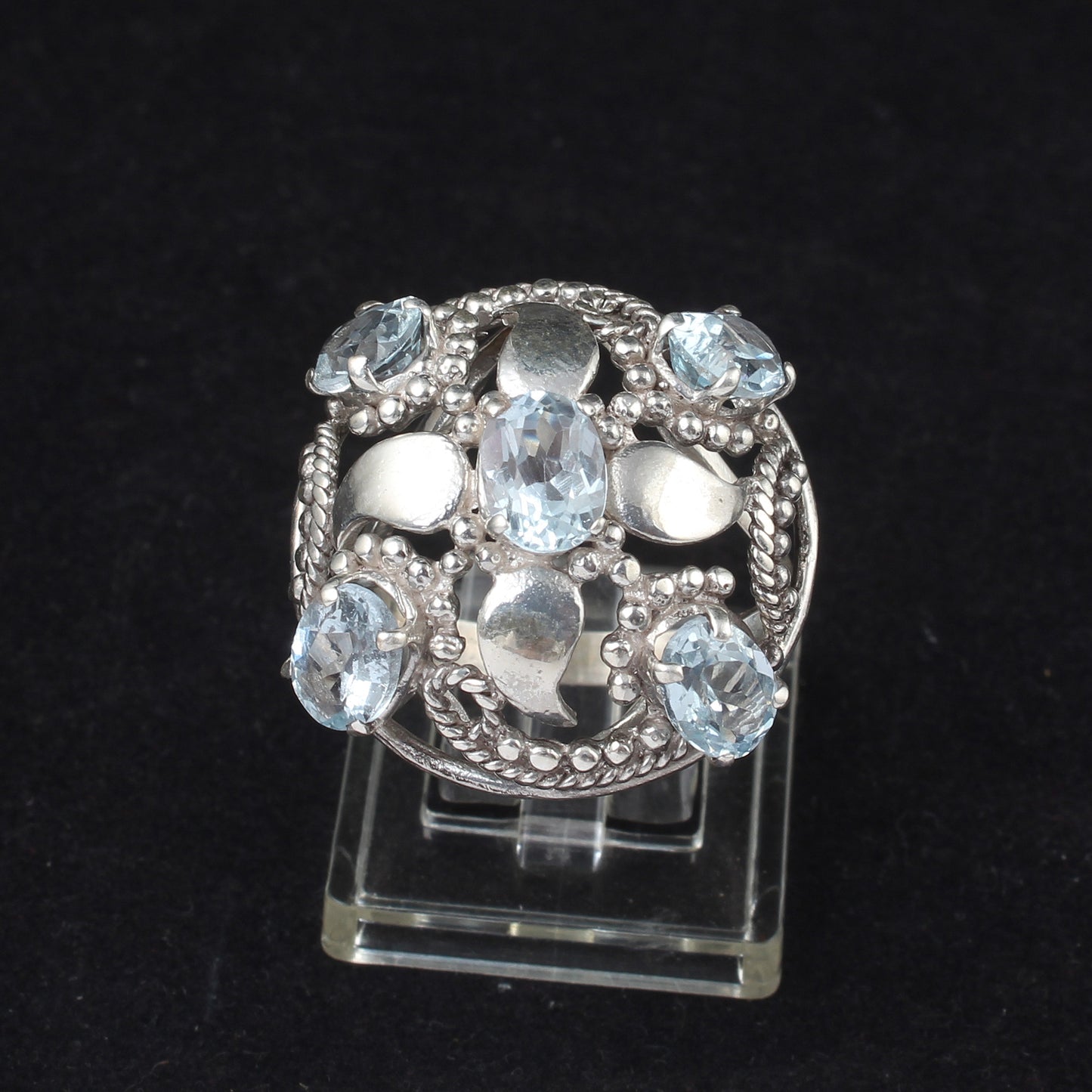Vintage Floral Cluster Silver Ring with Blue Topaz Gemstones Handmade 925 Sterling Silver Jewelry