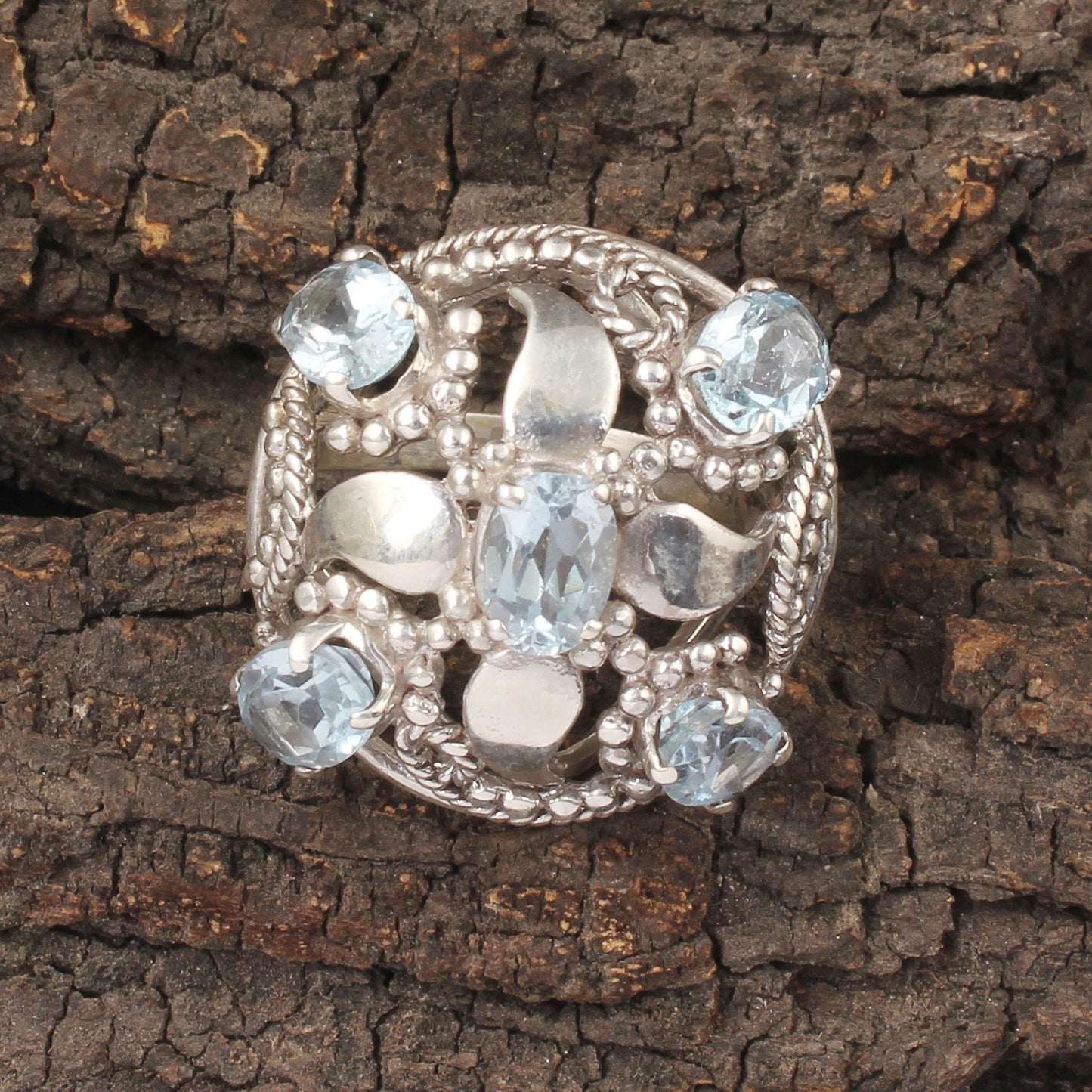 Vintage Floral Cluster Silver Ring with Blue Topaz Gemstones Handmade 925 Sterling Silver Jewelry