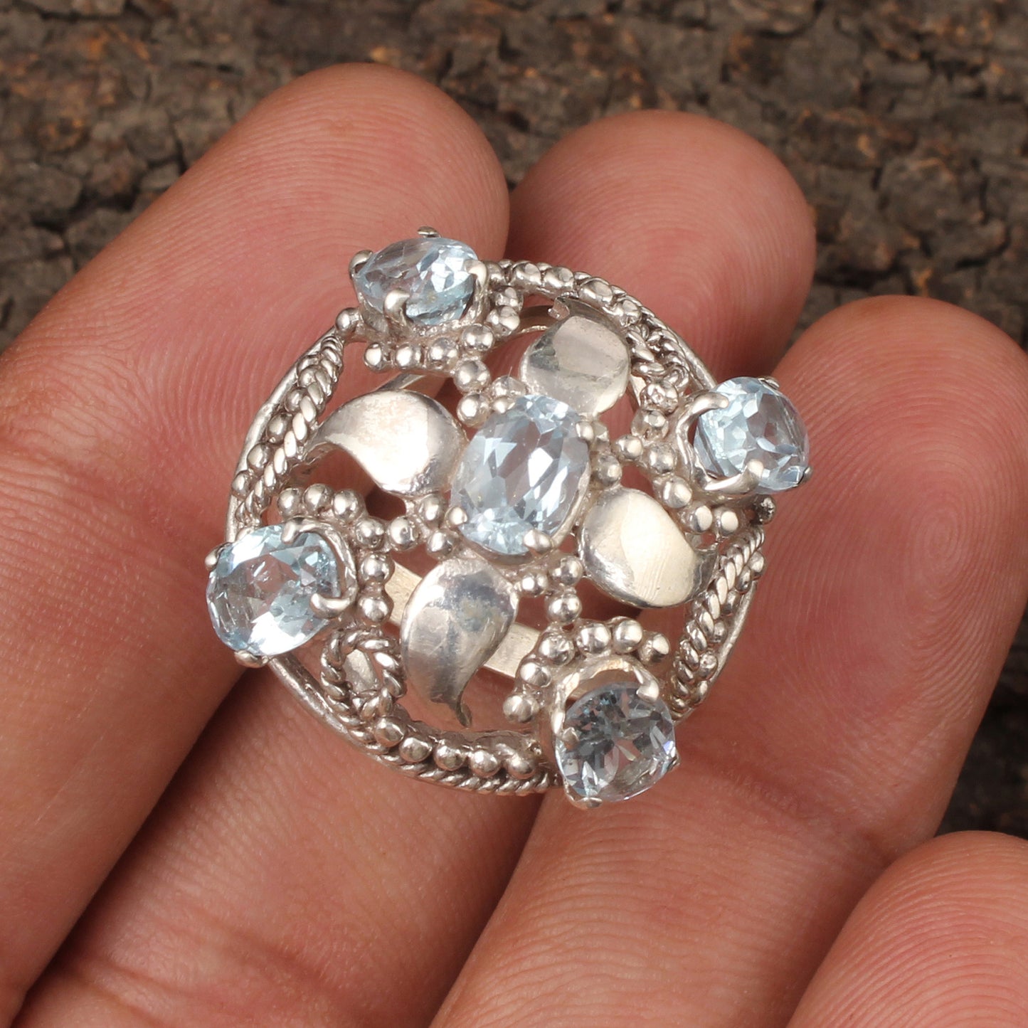 Vintage Floral Cluster Silver Ring with Blue Topaz Gemstones Handmade 925 Sterling Silver Jewelry