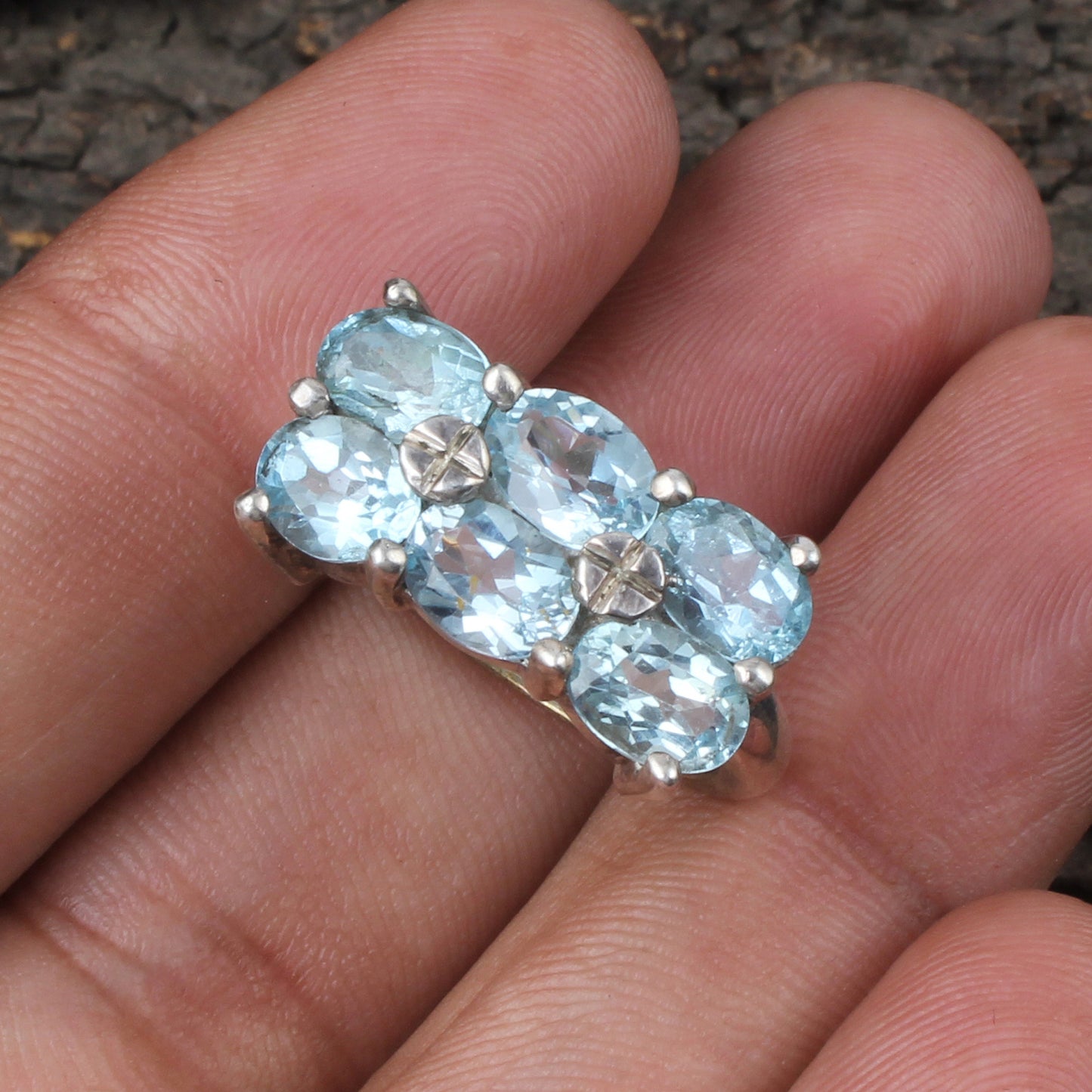 Multi Blue Topaz Cluster Ring Handmade Prong Setting 925 Sterling Silver Decemeber Birthstone Ring