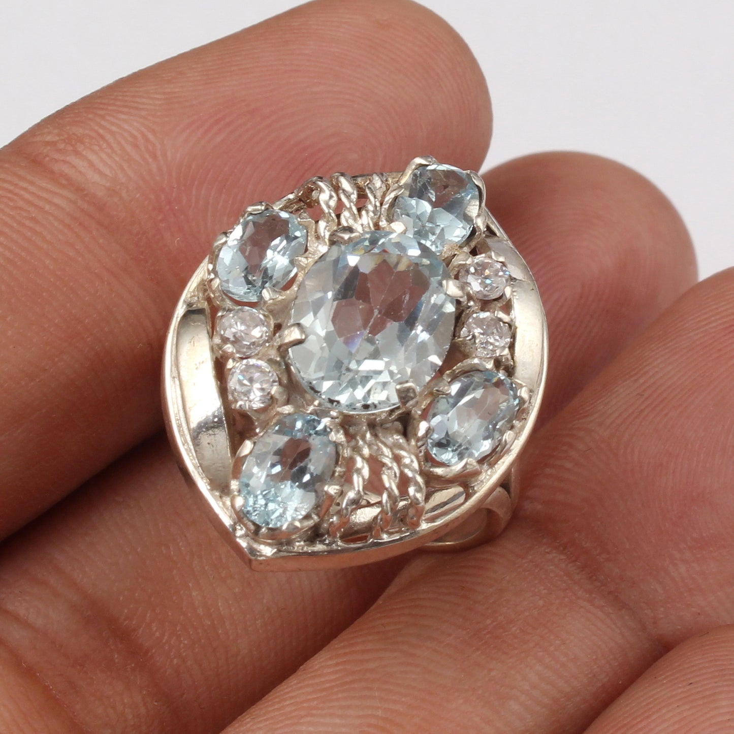 Natural Blue Topaz Ring 925 Sterling Silver Handmade Cluster Ring December Birthstone Jewelry