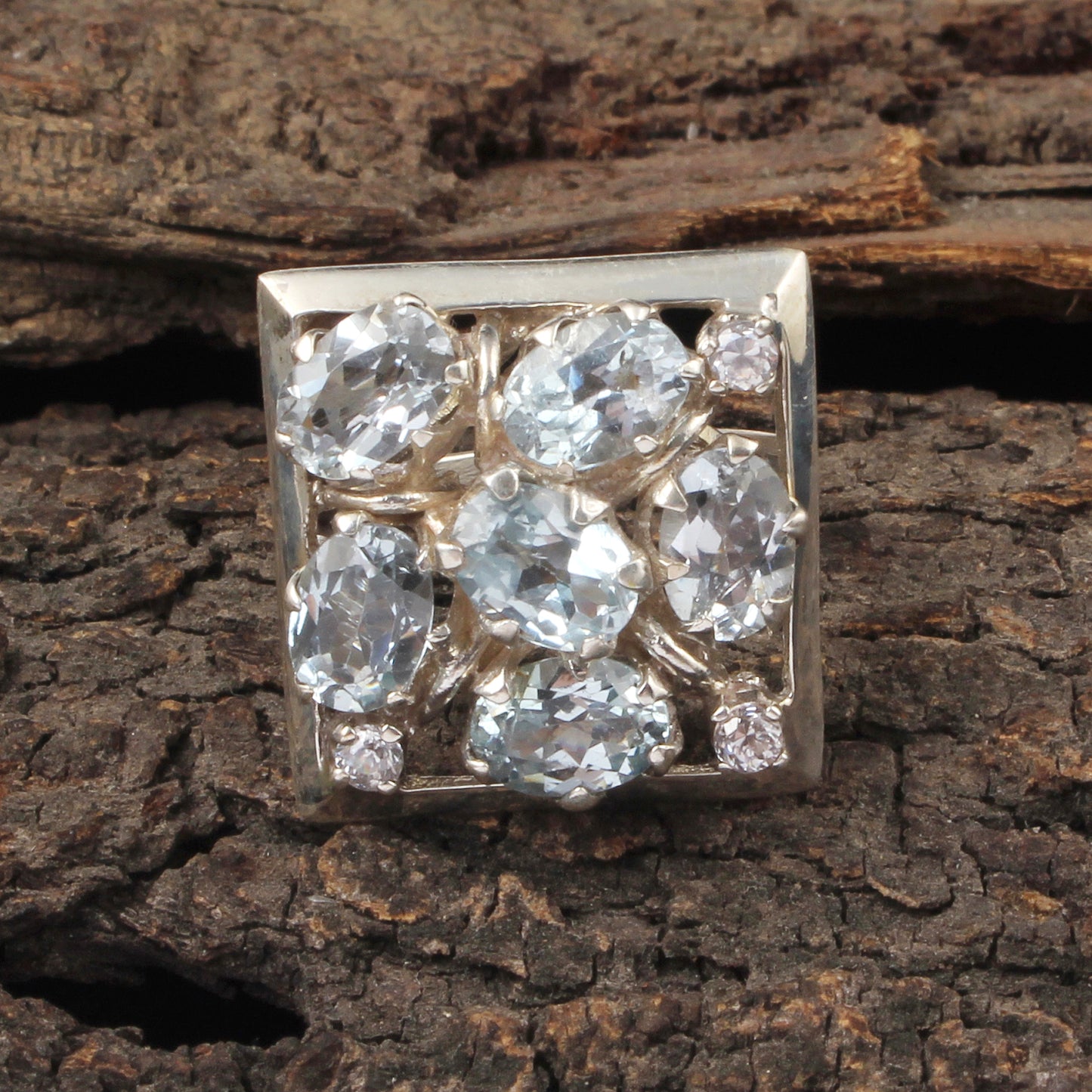 Natural Blue Topaz Ring Square Shape 925 Sterling Silver Handmade Cluster Prong Setting Ring December Birthstone Jewelry