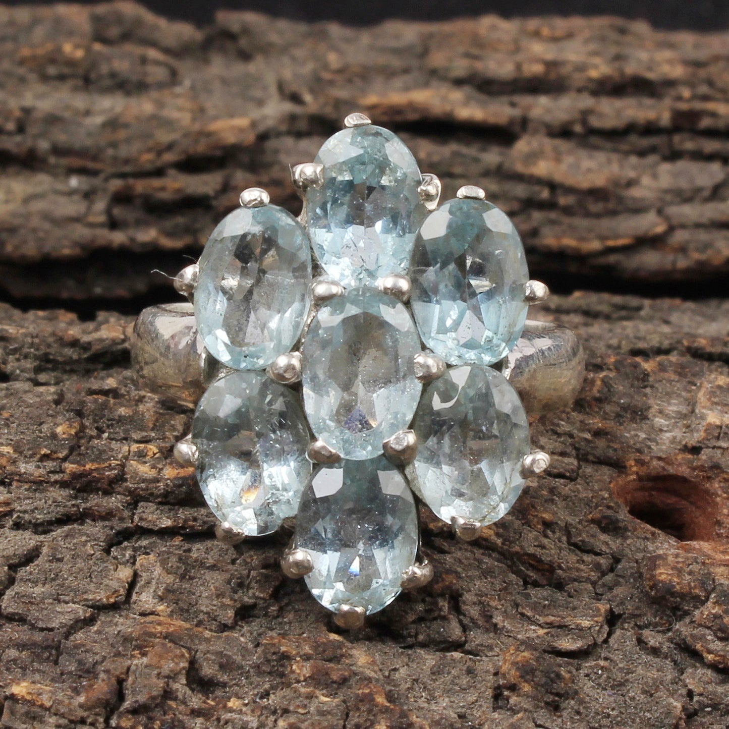 Natural Blue Topaz Vintage Style Cluster Ring Handmade 925 Sterling Silver Prong Setting Faceted Gemstone Ring