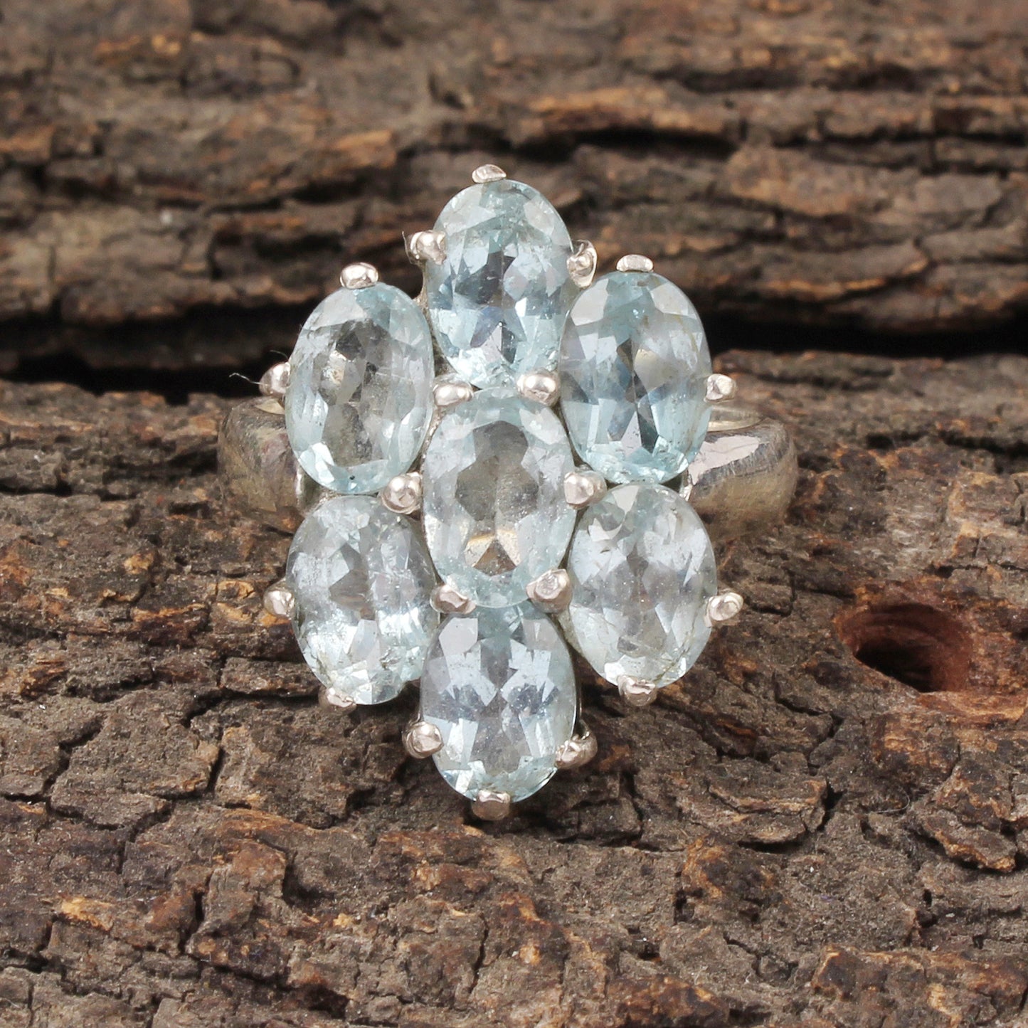 Natural Blue Topaz Vintage Style Cluster Ring Handmade 925 Sterling Silver Prong Setting Faceted Gemstone Ring