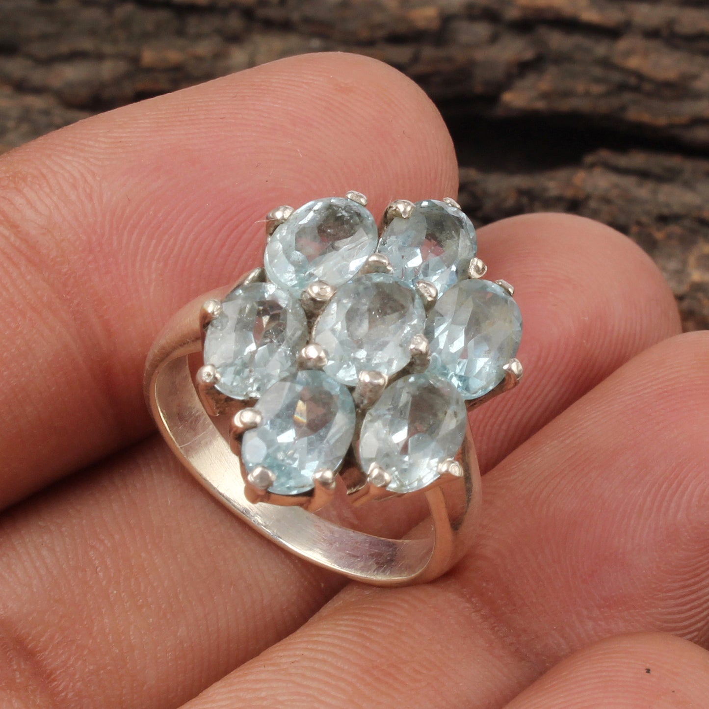 Natural Blue Topaz Vintage Style Cluster Ring Handmade 925 Sterling Silver Prong Setting Faceted Gemstone Ring