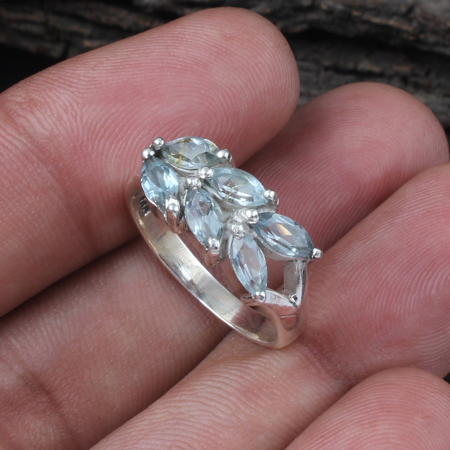 Vintage Marquise Cut Blue Topaz Cluster Ring in 925 Sterling Silver Handmade Designer Gemstone Ring